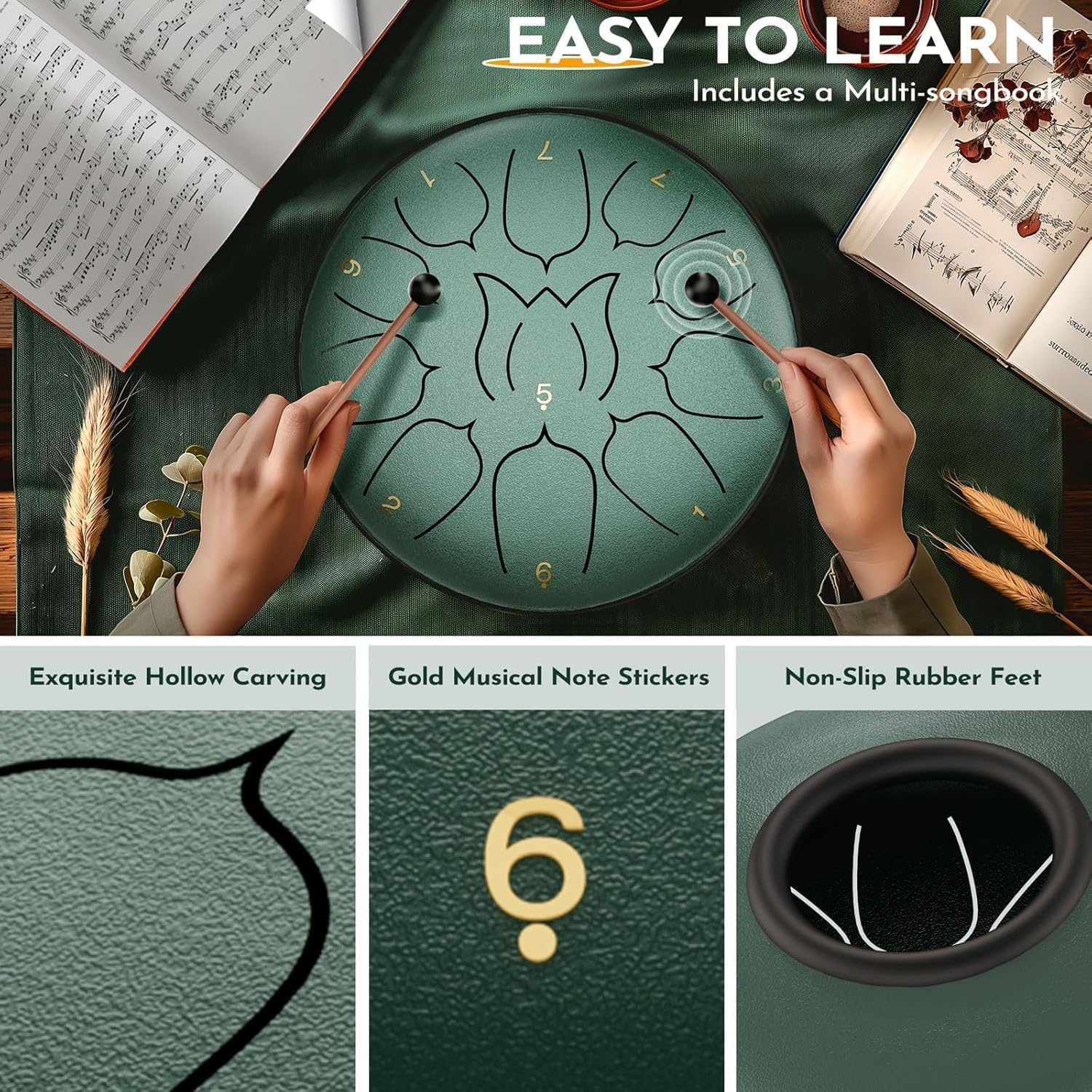 Steel Tongue Drum, Rain Drum with Bag, Handpan Drum Musical Instruments with Music Book, Drums Mallets, Mallet Holder, Finger Picks, Tongue Drum for Adult, Kids, 11 Notes 6 Inches (Deepgreen) image number 5