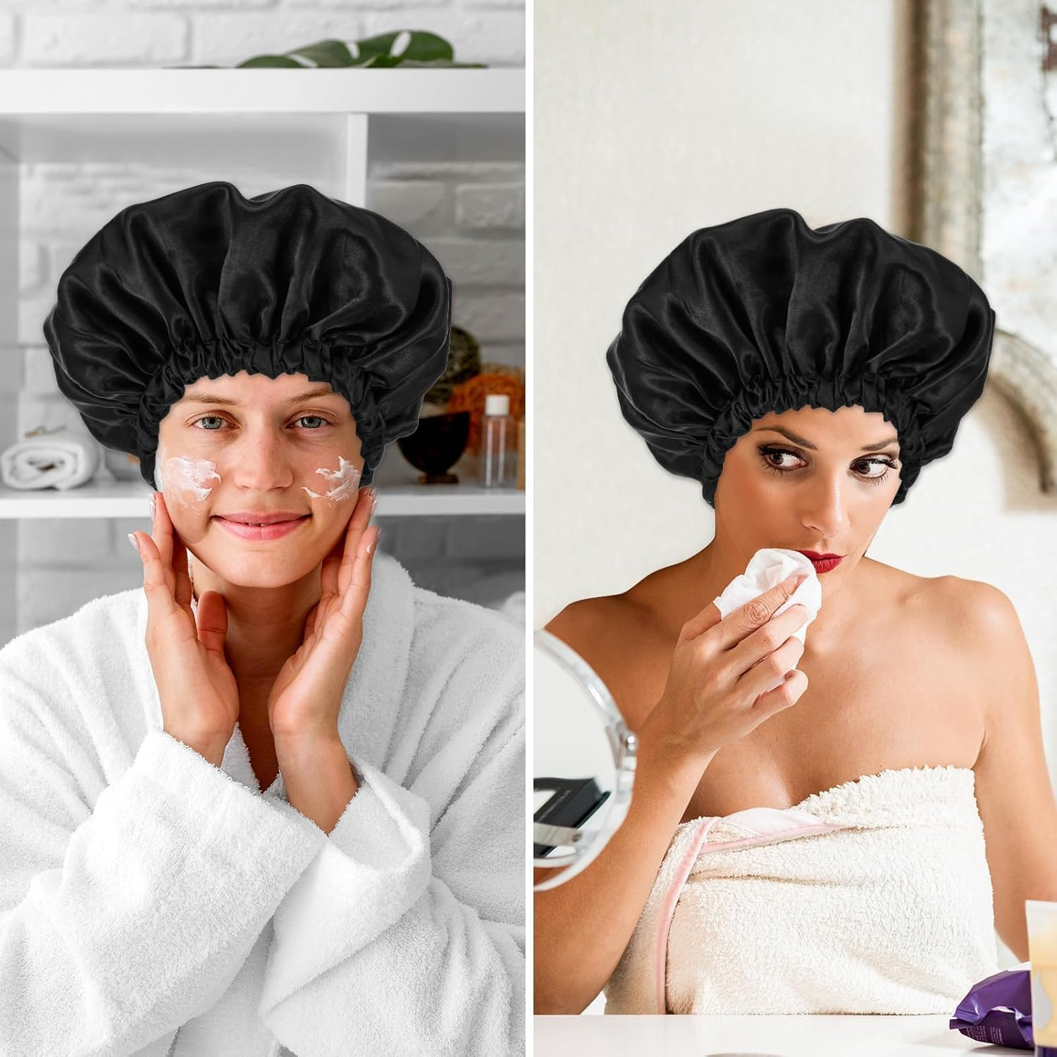 Shower Caps for Women,Triple Layer Shower Cap with Dry Hair Function,Waterproof Showers Cap,Terry Cloth Lined Reusable,Practical Bathing Accessories,Soft Wrap for Long Thick Hair(Black) image number 3