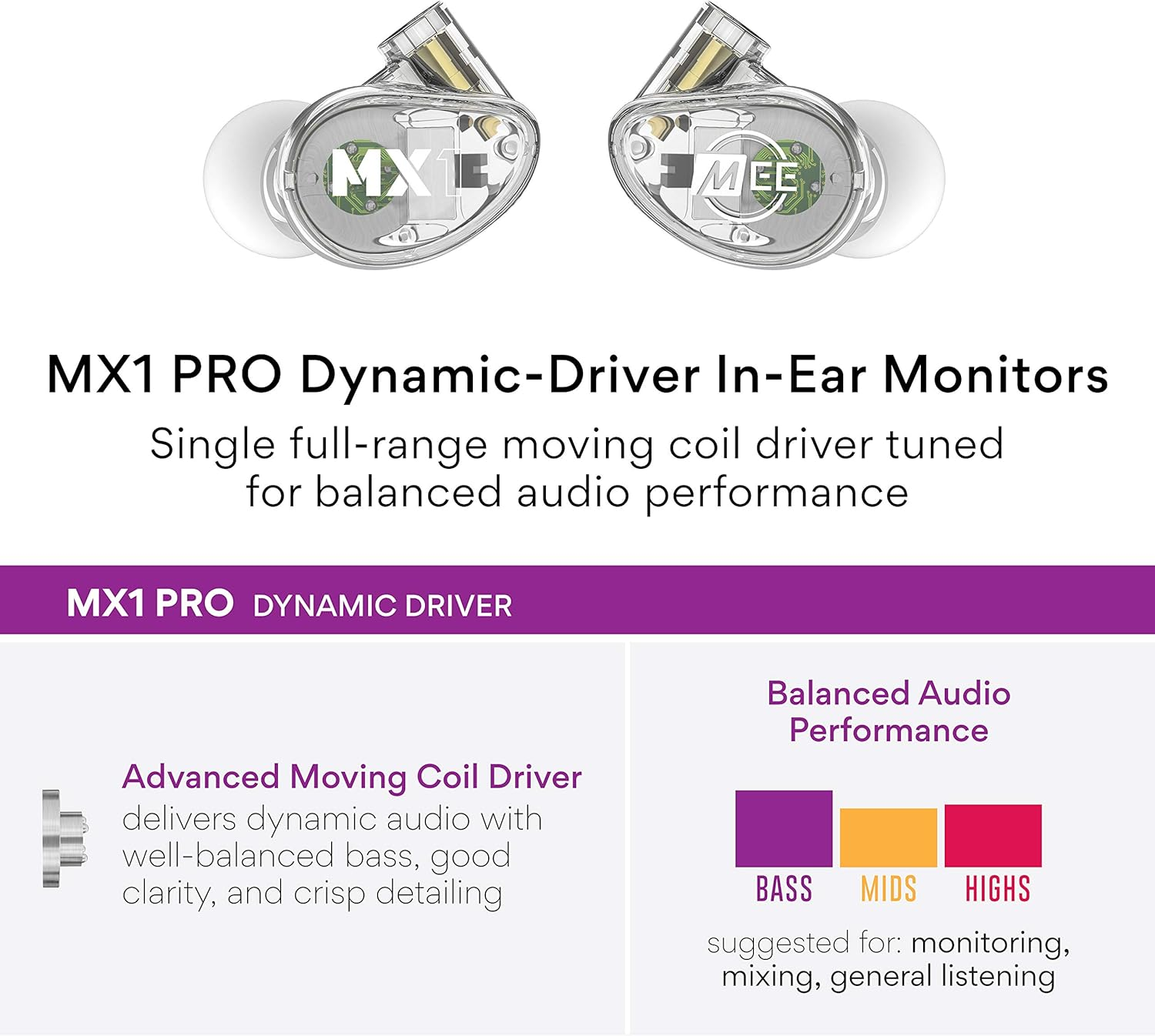 MEE Professional MX1 PRO Advanced Dynamic Driver Musician'S in Ear Monitor Headphones with Balanced Sound; Noise Isolating Earbuds Earphones W/Memory Wire, Optional Customization & Detachable Cables image number 2