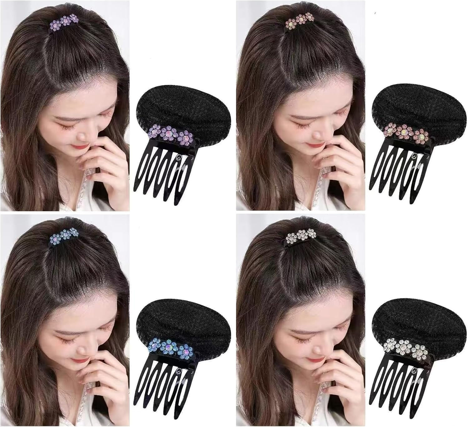 MIVES 4Pcs Rhinestone Flower Puff Hair Head Cushion Invisible Fluffy Hair Pad, Mixed Color, 4 Count image number 6