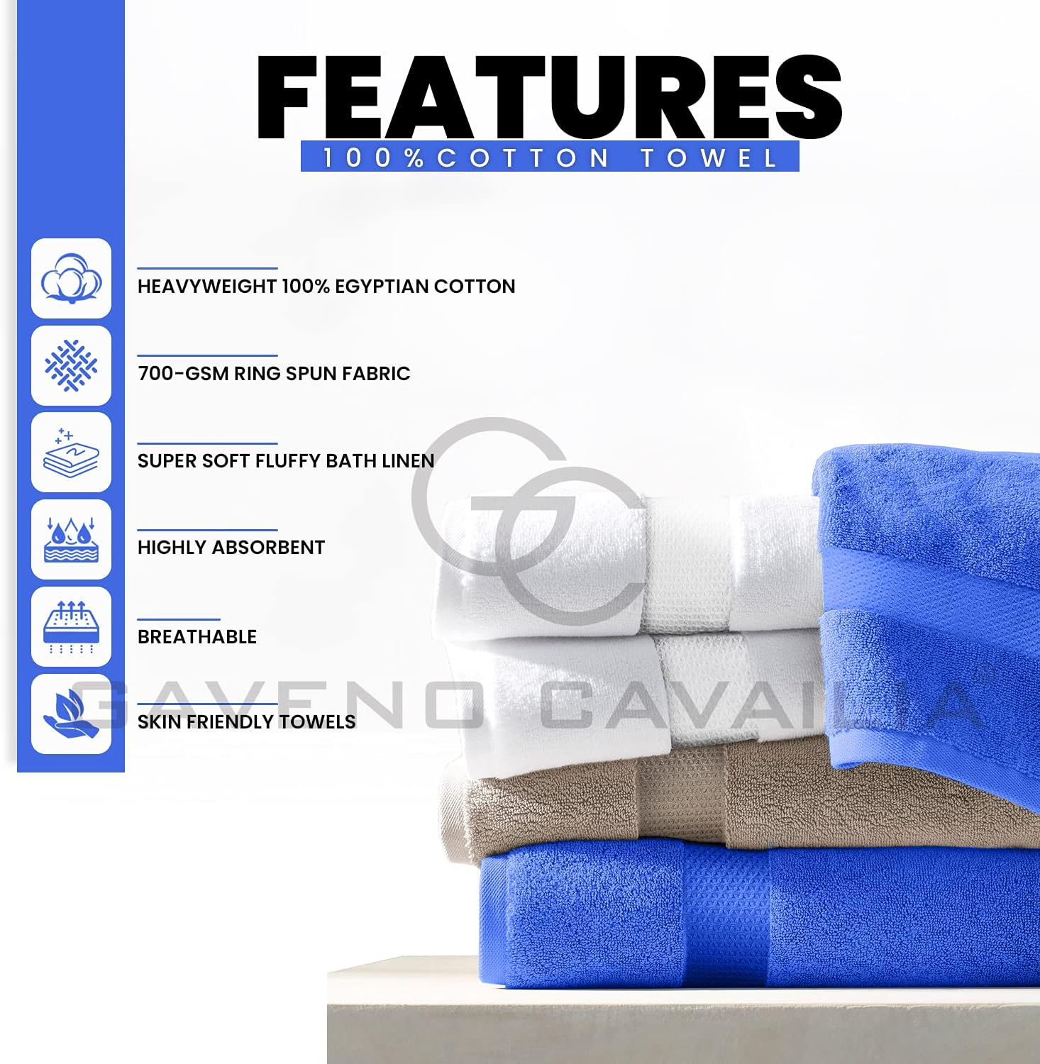 GC GAVENO CAVAILIA 700 GSM Bath Sheets - Large Bath Towels 2 Pack - Egyptian Cotton Towel Set - Quick Dry Towels - Soft Feel Towels - Royal Blue - 90X140 image number 5