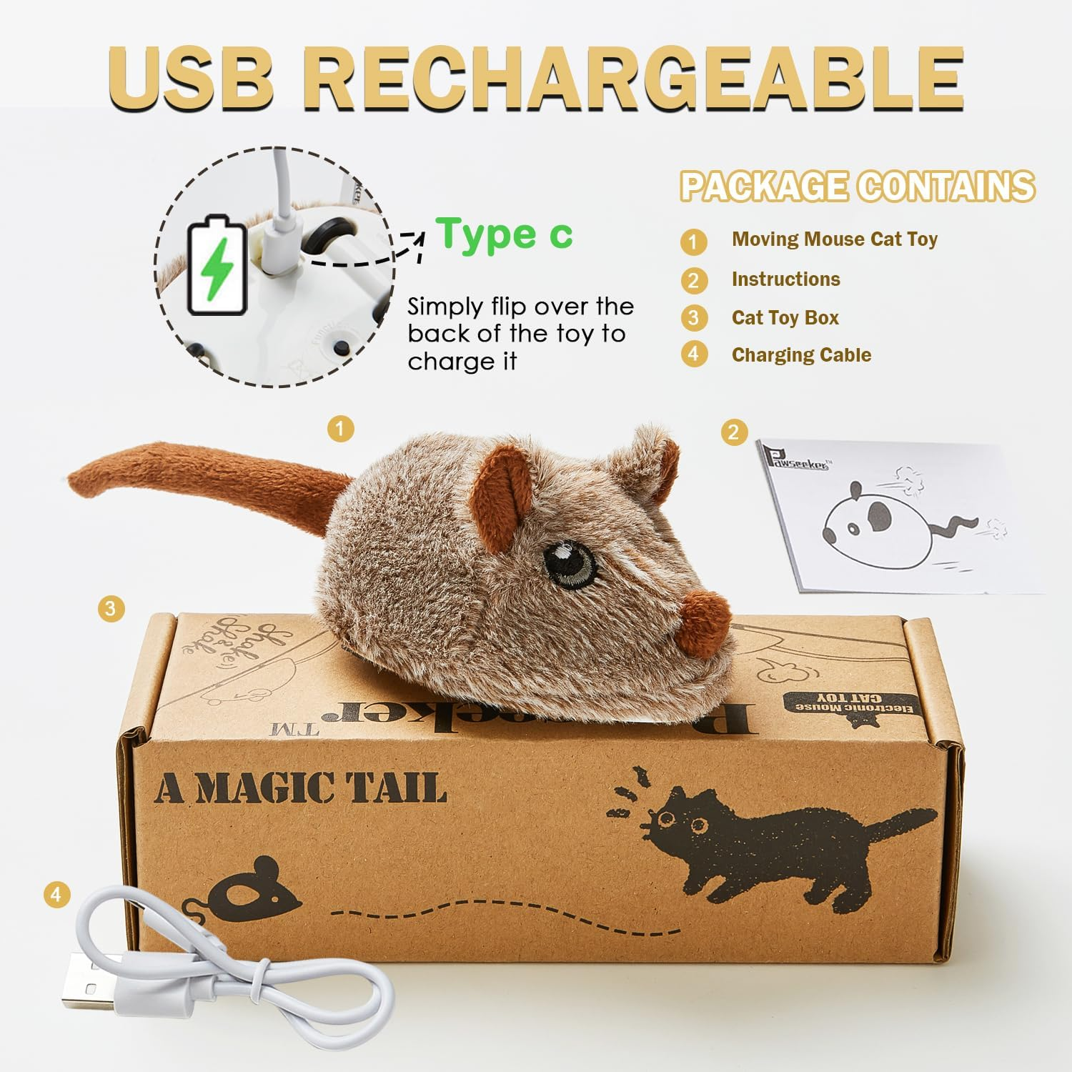 Pawsayes Cat Toys Squeaky Rechargeable Moving Mouse with Dynamic Magic Tail, Automatic Self Play Mouse Interactive Cat Toy for Indoor Cats, Kitten'S Electric Multi-Mode Activated Mouse Toy (Brown) - Black image number 3
