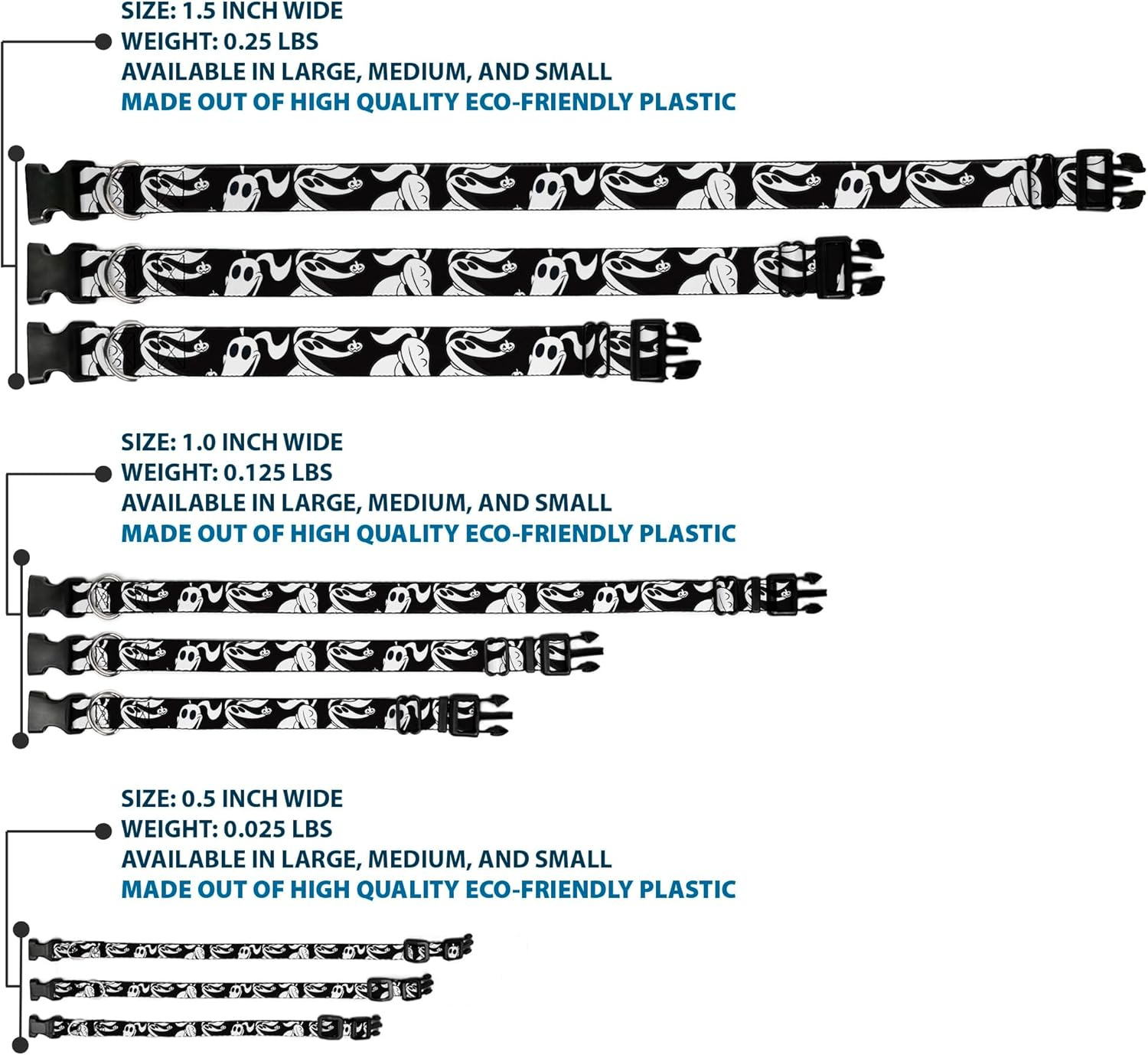 Dog Collar Plastic Clip Nightmare before Christmas Zero Expressions Black White 6 to 9 Inches 0.5 Inch Wide image number 4