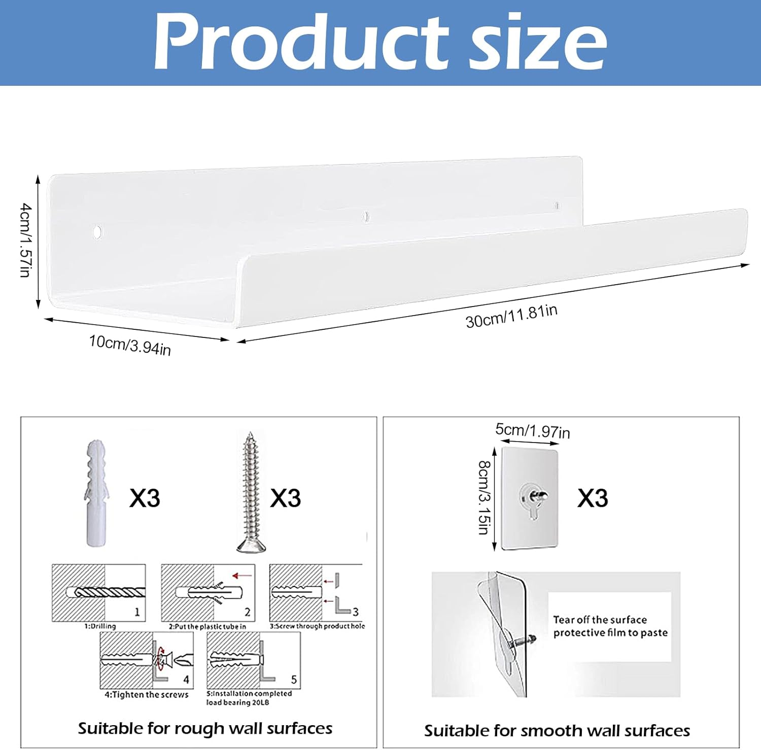 4 Pack Wall Floating Shelves, 30Cm U Shape Acrylic Wall Storage Shelves, Easy Installation Multifunctional Display Stand for Vinyl Record, Books (White) - Black image number 4