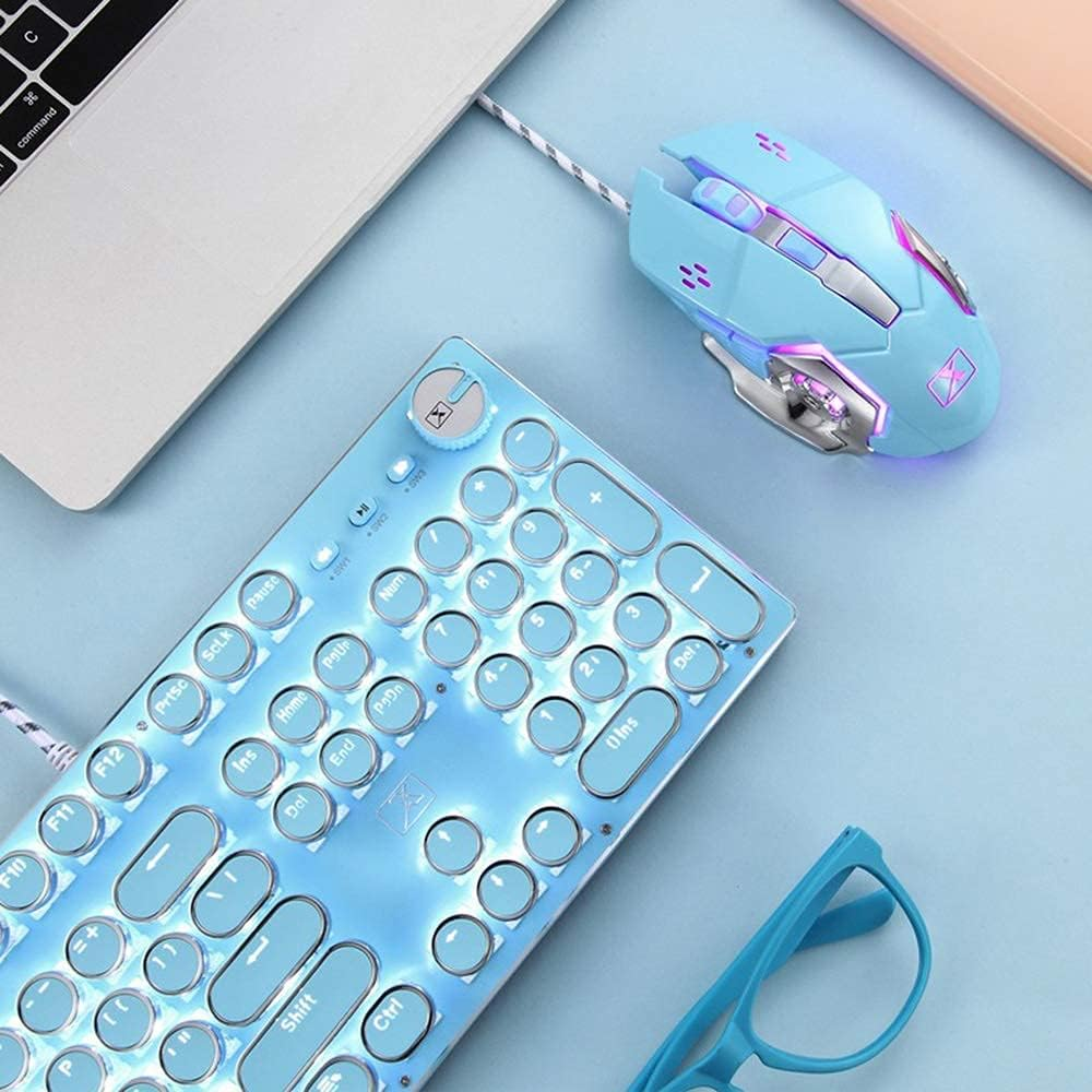 Basaltech Mechanical Gaming Keyboard and Mouse Combo, Retro Steampunk Vintage Typewriter-Style Keyboard with LED Backlit, 104-Key Anti-Ghosting Blue Switch Wired USB Metal Panel round Keycaps, Blue image number 4