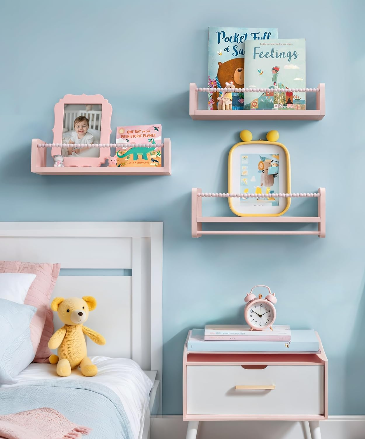 Nursery Book Shelves, Set of 3 Kids Bookshelves Natural Wood Wall Mount Organizer with Towel Bar Hanging Nursery Decor for Kids Room, Playroom, Bedroom and Kitchen, Pink image number 4