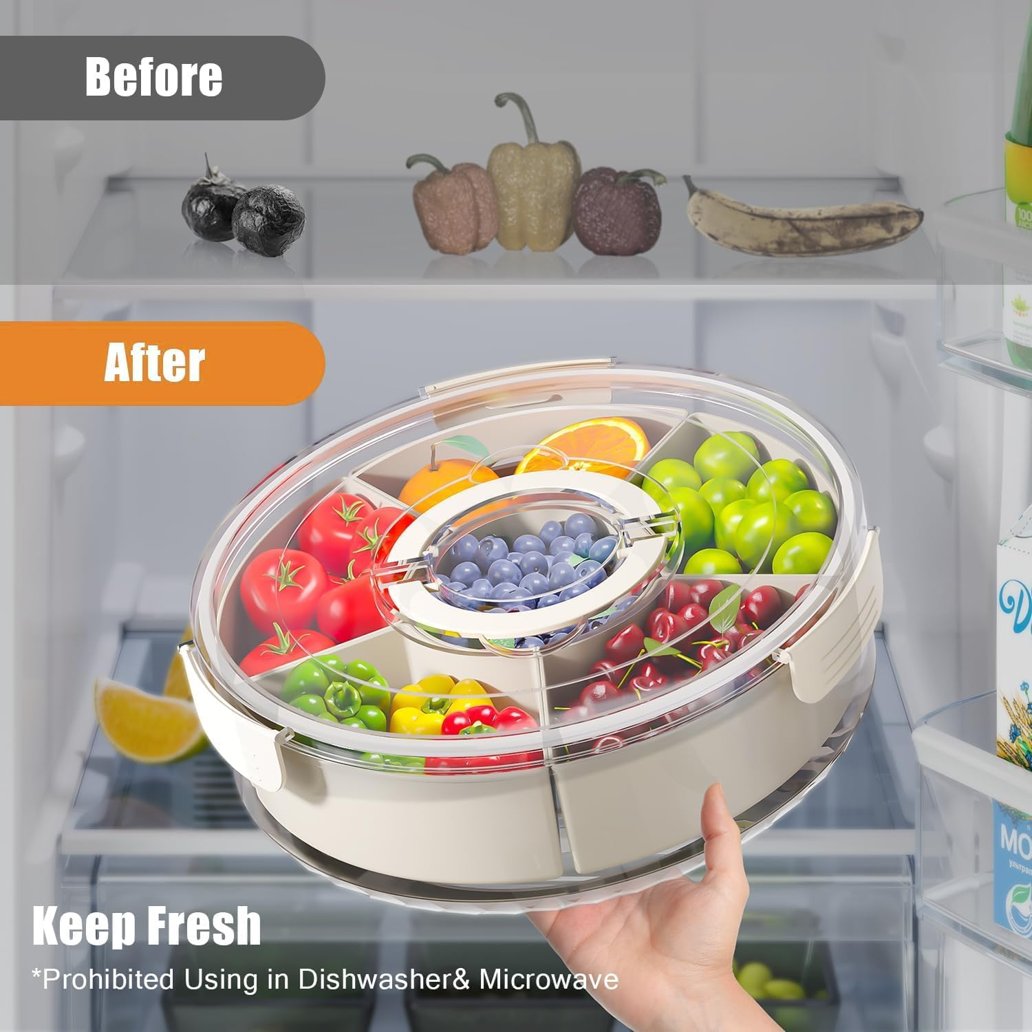 Large Divided Rotating Serving Tray with Lid & Handle, Portable Snackle Box for Fruits Snacks Veggie Charcuterie, Clear Snack Spinner Organizer & Fridge Storage Container for Picnic Travel Beach Party image number 4