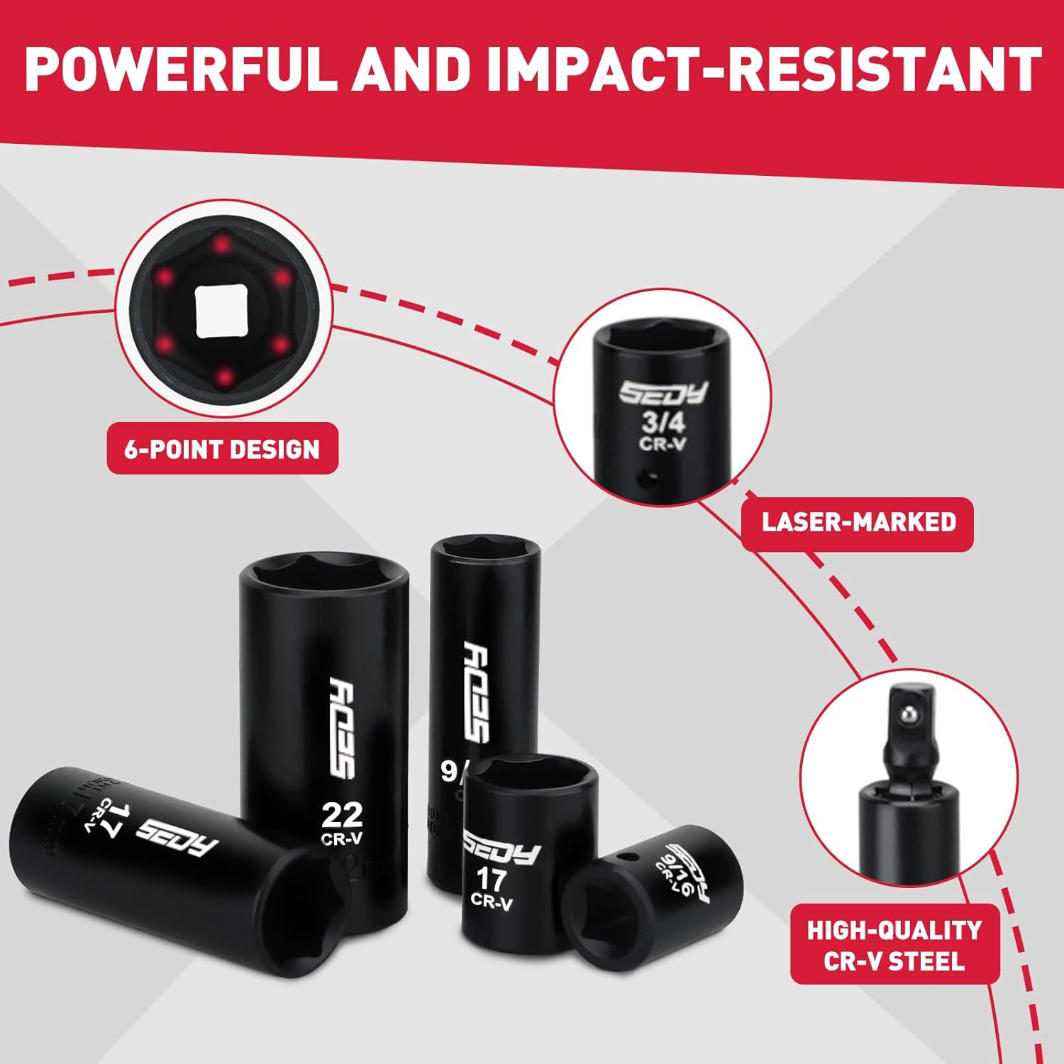SEDY 96-Piece 3/8" Drive Impact Socket Wrench and Bit Set &ndash; Metric & SAE, CR-V Steel, Spark Plug Sockets, Ratchet & Spinner Handle, Storage Case image number 4