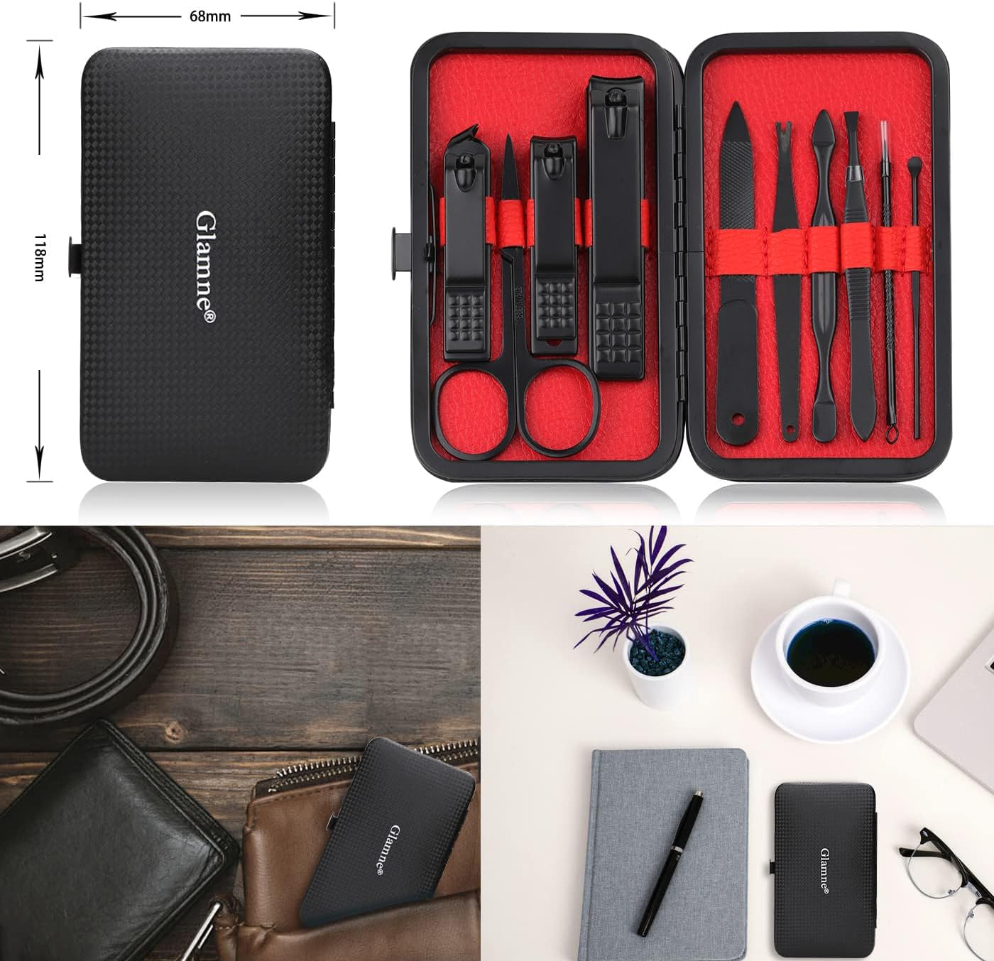 Manicure Set Nail Clippers Kit Professional Stainless Steel Nail Care Tools with Leather Travel Case 10 in 1 Black image number 3