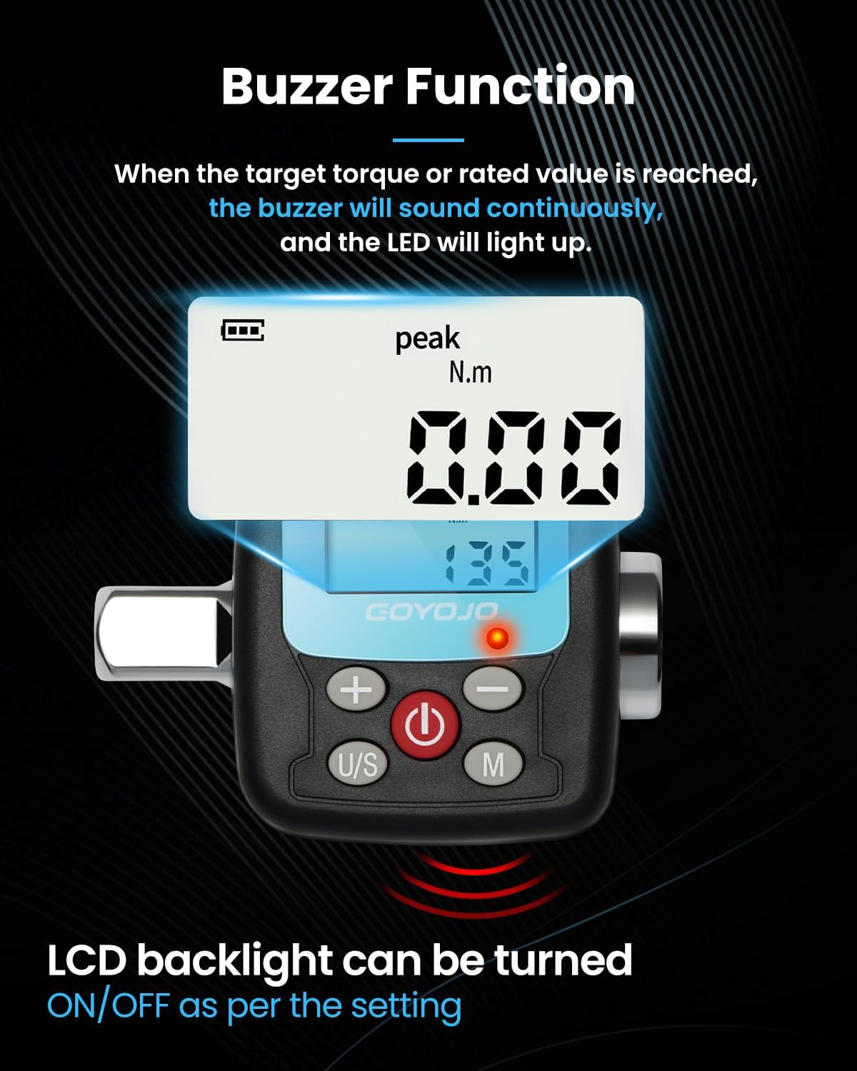 GOYOJO Digital Torque Wrench Adapter - Precision Electronic Torque Tool Converter and Meter with LCD Display, Includes 1/2", 1/4", 3/8" Adapters for Automotive, Biking, DIY & Home Repairs (200N.M) image number 4