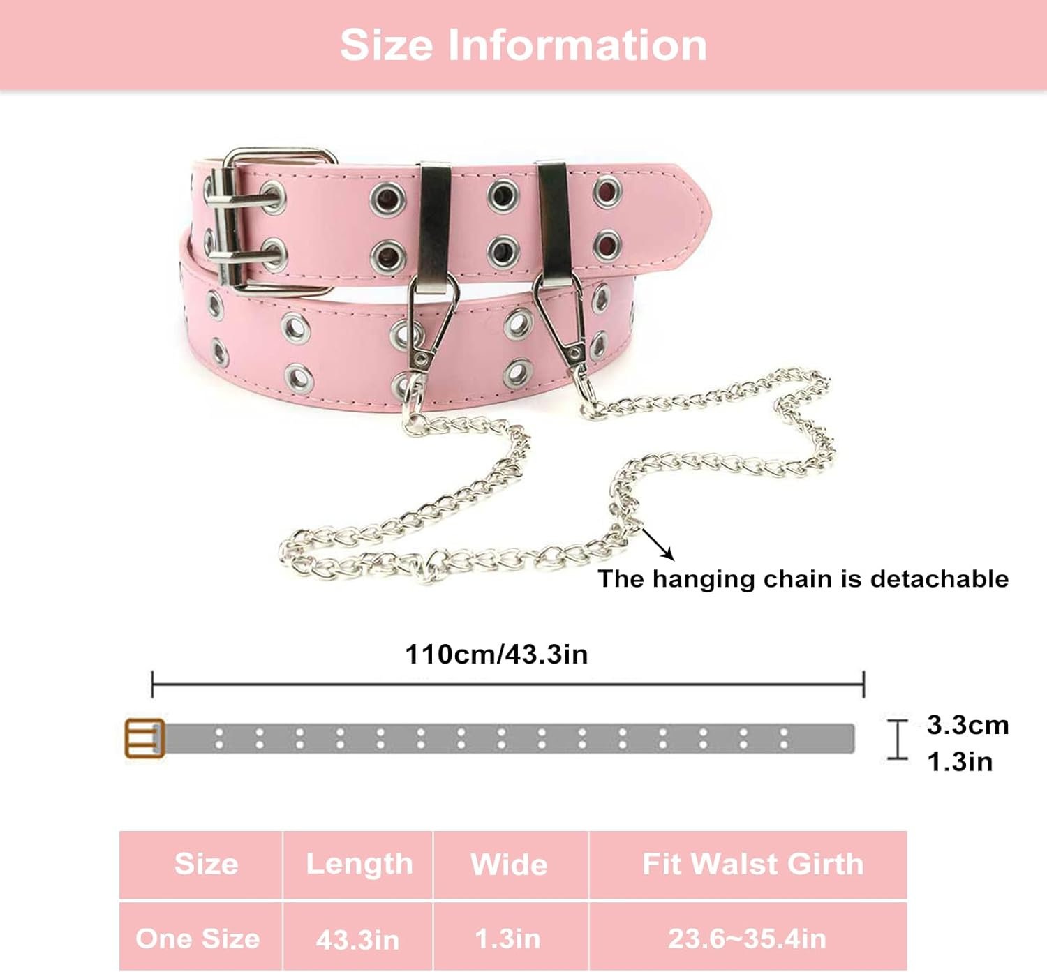 Grommet Leather Belts Y2K Punk Waist Belts PU All-Match Belt Rock Niche Design Belt with Detachable Chain Double Prong Buckle Vintage Jeans Belts for Women or Men - Pink image number 3