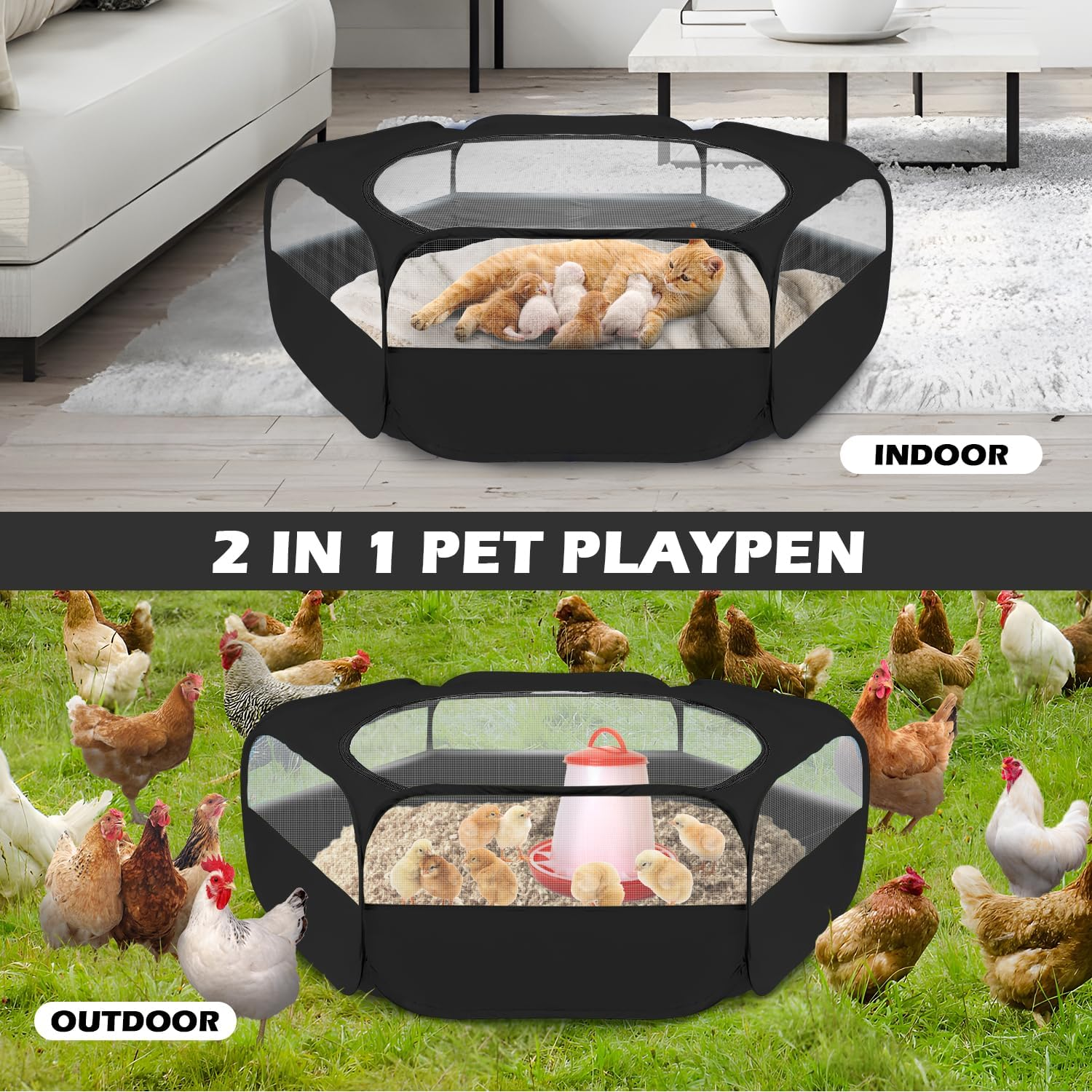 UWE Small Animal Playpen, Chicken Brooder Box with Cover Top, Portable Outdoor Exercise Pet Cage Tent, Waterproof Breathable Pet Playpen Indoor for Chick Ktiien Bunny Hamster Guinea Pig, Black