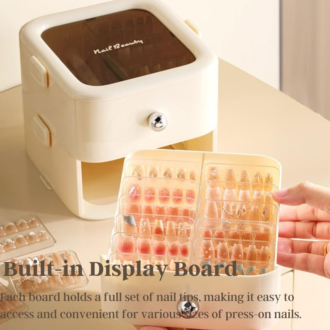 Press on Nail Organizer Box, False Nail Storage Case, Travel Packaging Container with 12/24/36 Pcs Adhesive Double Sided Tape for Nail Art (White, 2 Tier (24 Tapes))