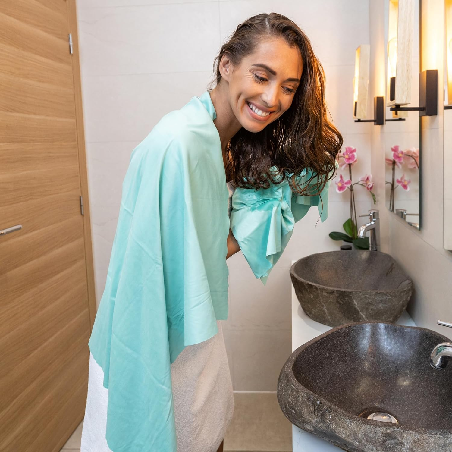 Microfibre Hair Towel Wrap for Women - Absorbent Quick Drying Turban for Wet, Curly, and Long Hair for Women, Girls, and Kids - anti Frizz - the PERFECT HAIRCARE - Aquamarine