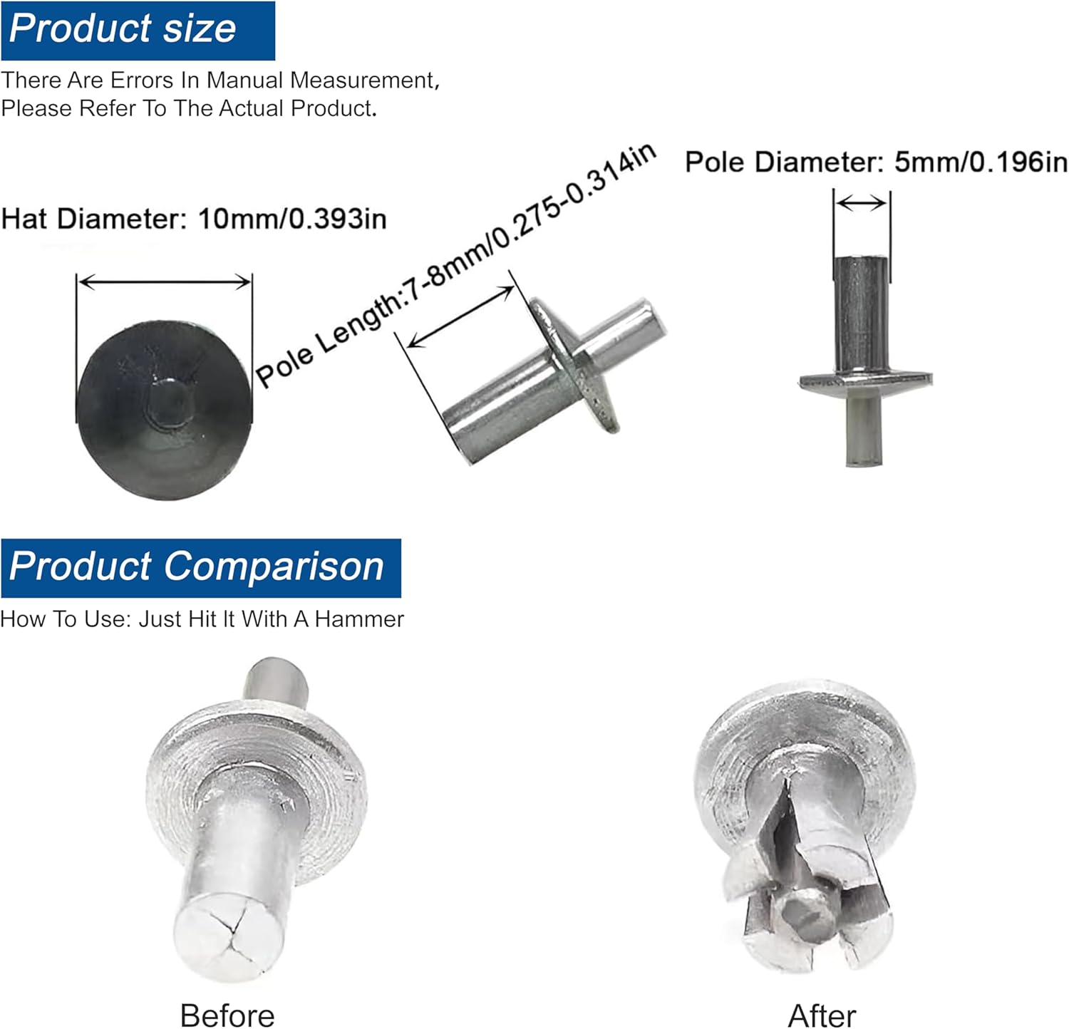 Aluminum Blind Rivet,Pop Rivets Core Pulling Rivets,Half round Head Hammer Drive Blind Rivets, Aluminum Core Rivets, Knock Type Expansion Rivets for Indoor Outdoor Electronic Equipment (100, Silver) image number 1