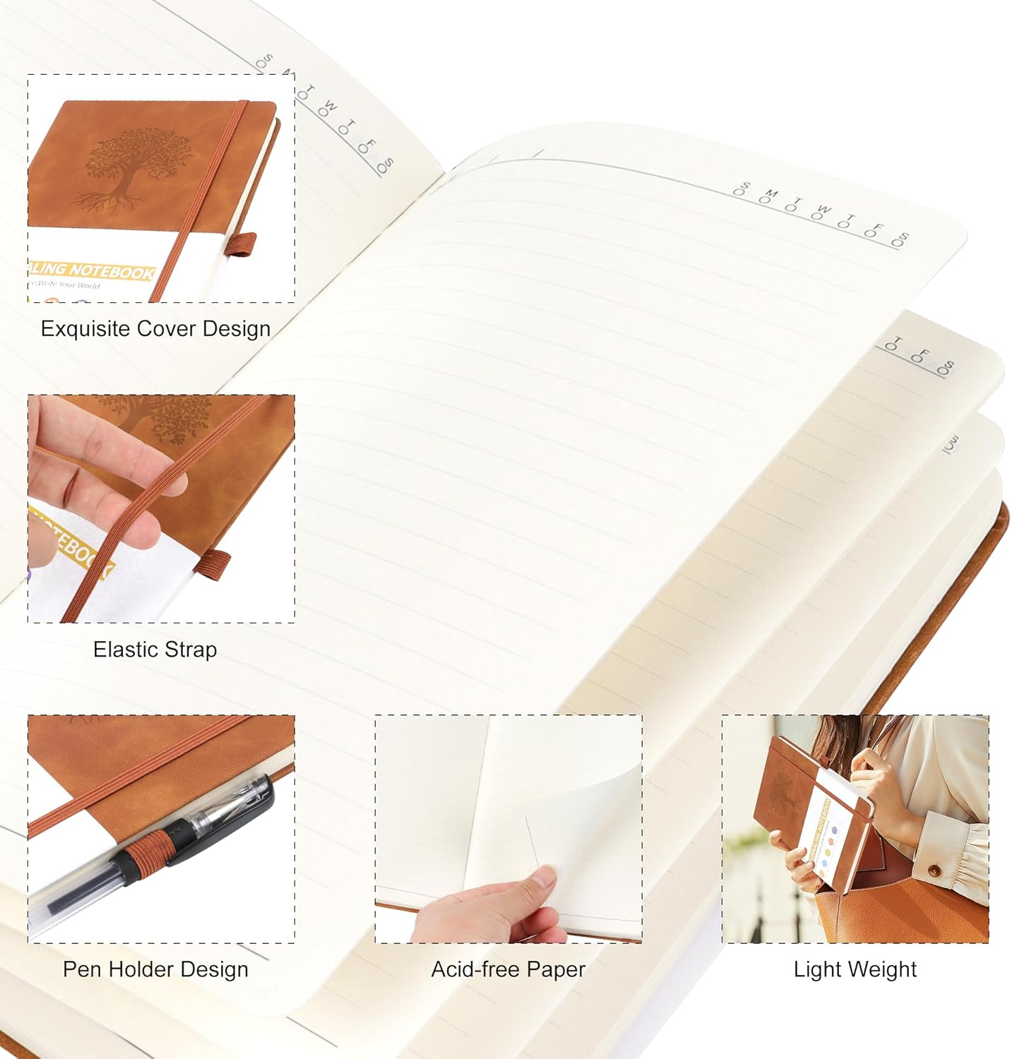 JUNART A5 Lined Journal Notebooks for Women & Men with 192 Pages, Leather Hardcover Notebook for Personal Writing Study Office Travel Recording or Gifts(Dark Blue) - Brown image number 4