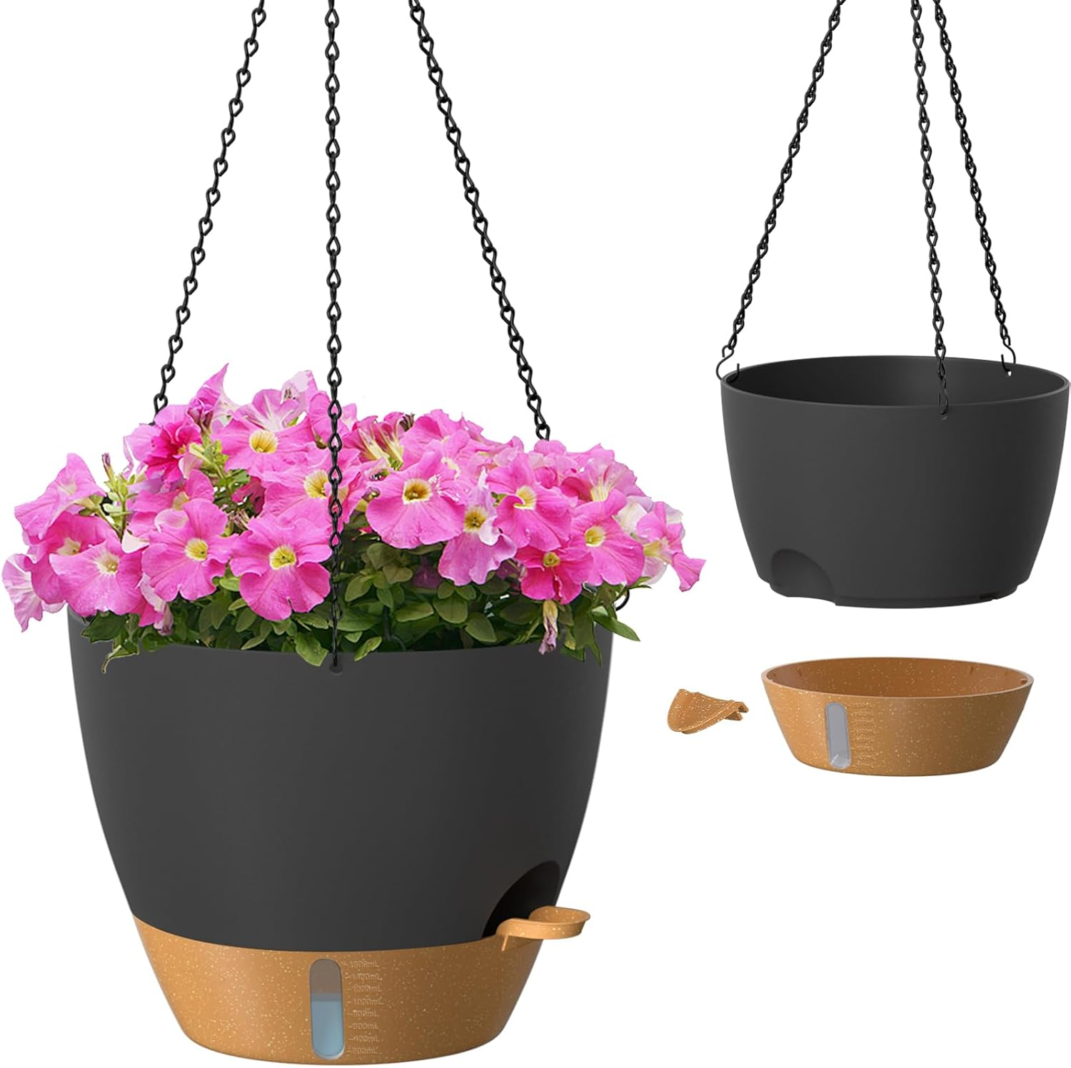 ZMTECH 20 Cm Plant Pots with Drainage Holes Saucer Self Watering Planters with Watering Inlet Plastic Flower Pot for Indoor Outdoor Plants (Set of 2, Black)