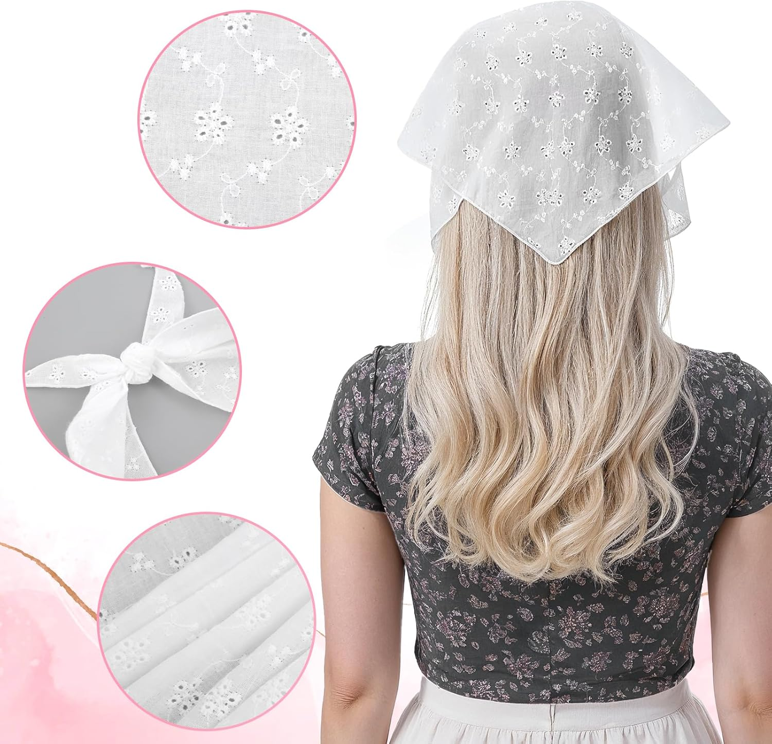 Bandana Headband - Lace Head Scarf, Head Scarf for Girls Cute Adjustable Bandanas, Boho Eyelet Crochet Bandana Headbands, Elegant White Heads Scarfs Hair Accessories for Women image number 1