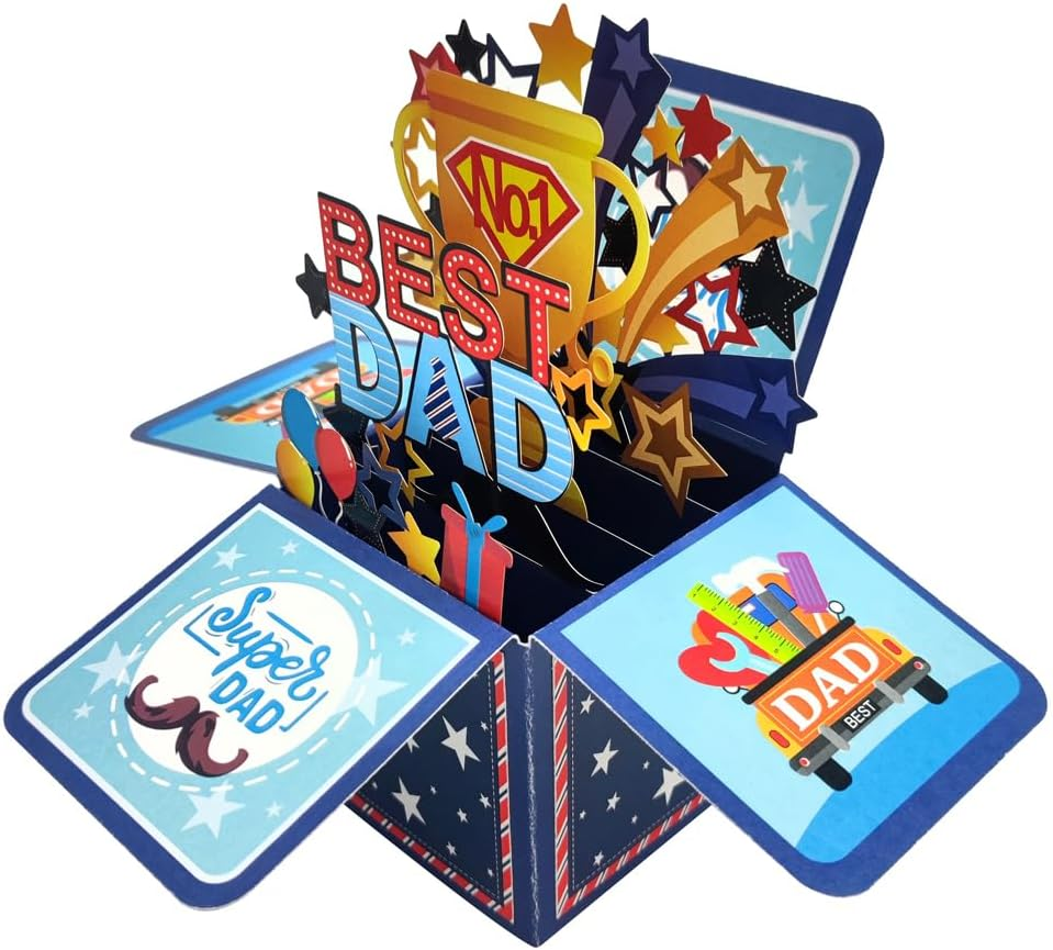 Suithink 3D Fathers Day Box Card，Pop up Father'S Day Greeting Card with Note Card and Envelope for Fathers Day Happy Dad Birthday Gift