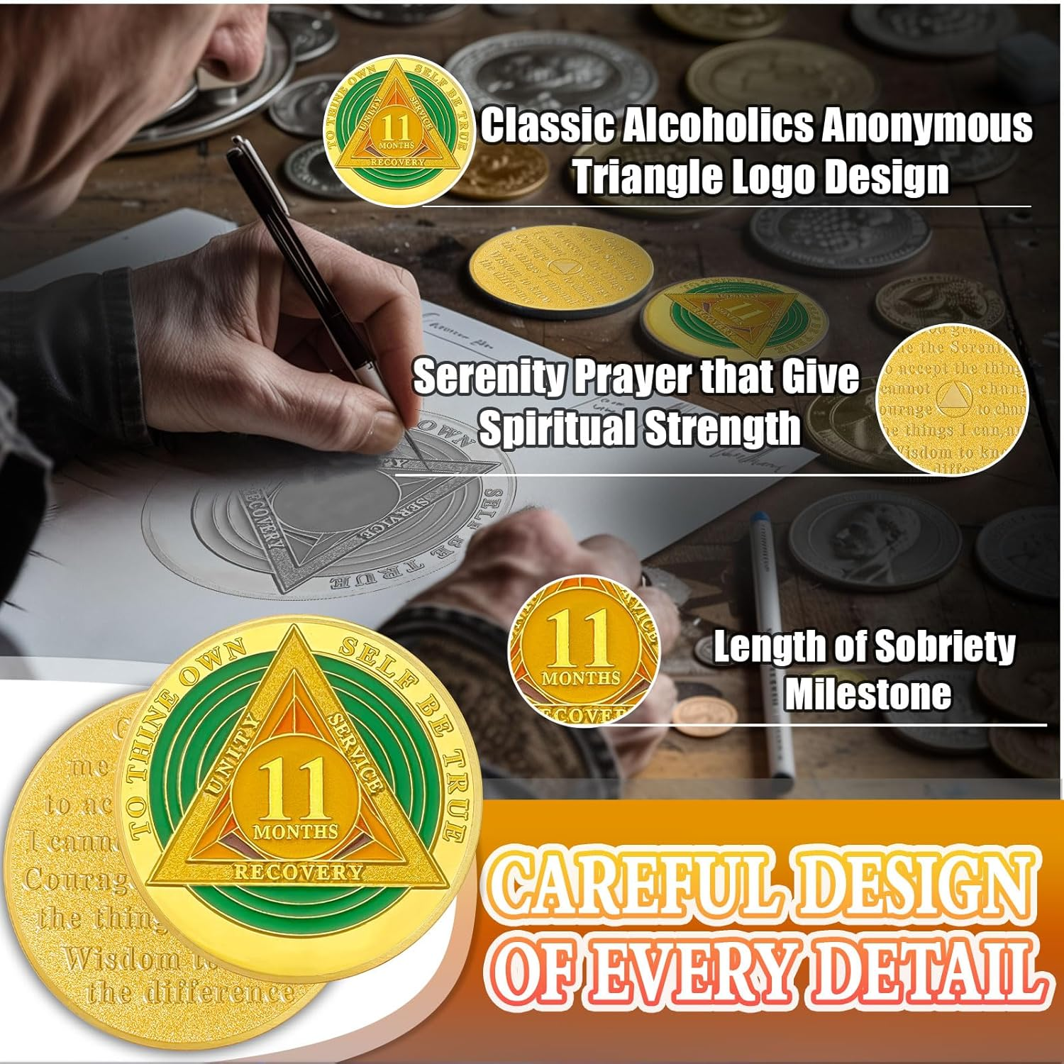 Green Triangle 11 Month Sobriety Coin Eleven Month Sober Gold Coin Rainbow Sobriety Chip AA Chips and Medallion AA Coin Recovery Chip Sobriety Token Sobriety Gifts for Women Men - 2 Month Sober image number 3