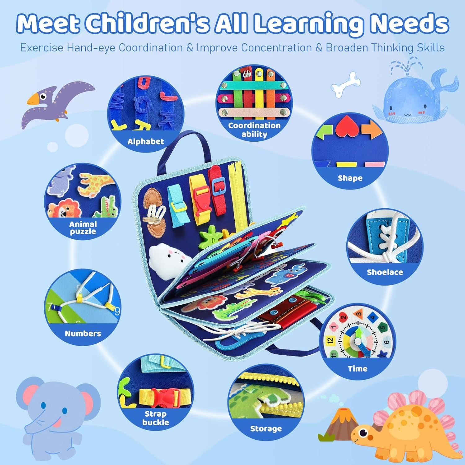 LOVELEDI Busy Board Montessori Toys for Toddlers - Kids Sensory Toys Busy Book Preschool Educational Activities with Zipper Removable for 2 3 4 5 Year Old Boys, Travel Toy Learning Fine Motor Skills - Blue image number 6