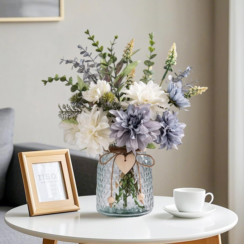 Delsol Artificial Flowers with Vase Silk Dahlia Faux Flowers Arrangement with Glass Vase Exquisite Fake Flowers Bouquet for Home Decor Decoration Table Centerpiece (Dahlia) image number 3