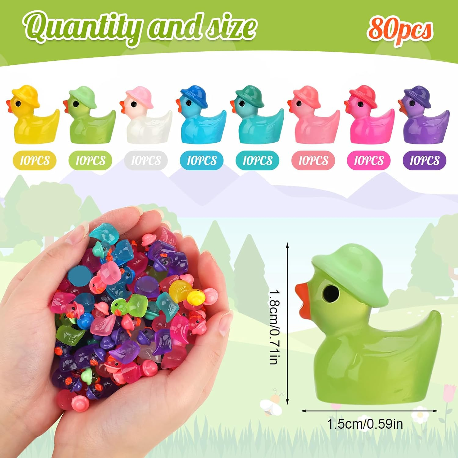 GGSTDDUP 80 Pack Luminous Mini Resin Ducks, Mini Ducks Tiny Duck Miniature Duck Figures Wearing Hat, Glow in the Dark DIY Crafts Cake Decor for Micro Landscape Dollhouse Garden (8 Colors) image number 2