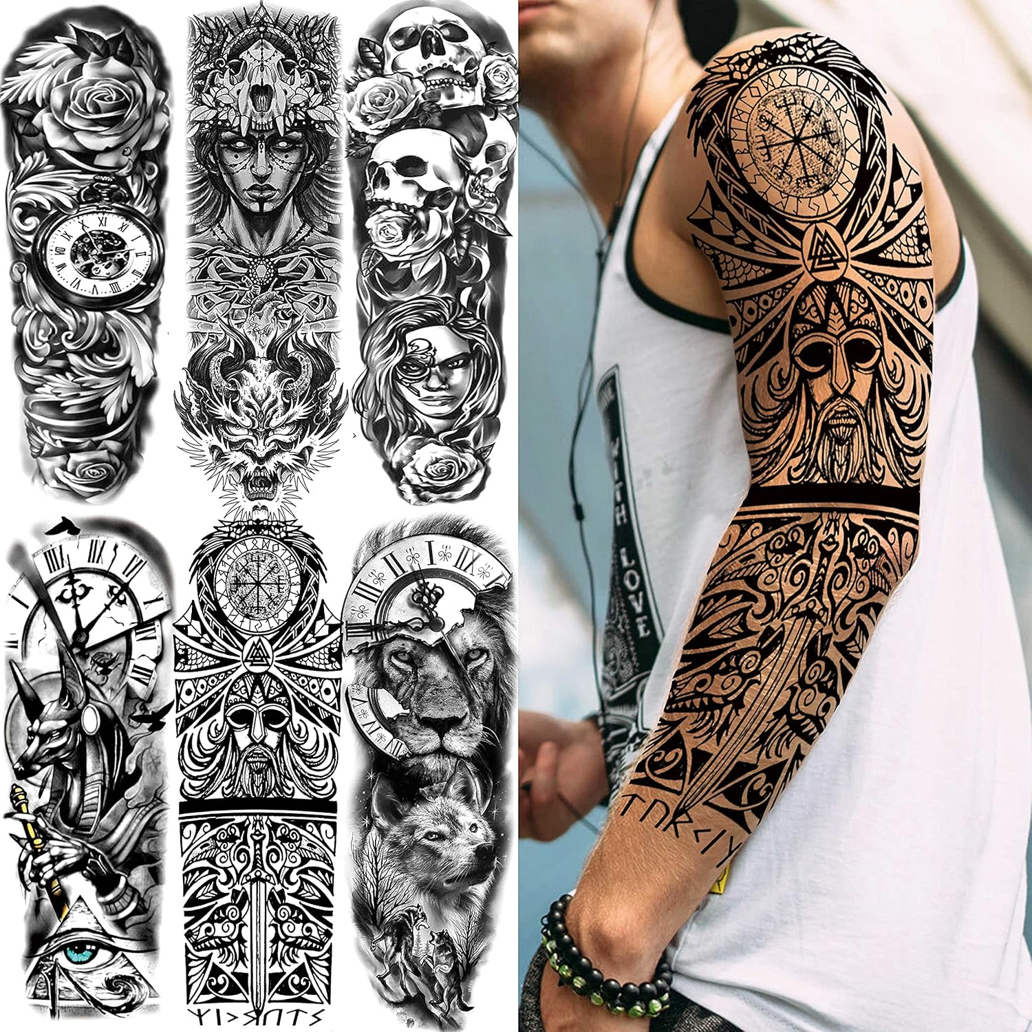 COKTAK 21 Sheets Extra Large Black Temporary Tattoos for Women Adults Greek Myth with 8 Sheets Full Arm Temporary Tattoo Sleeve for Men Maori Warrior Compass and 13 Sheets Fake Large 3D Tatoo Stickers image number 1