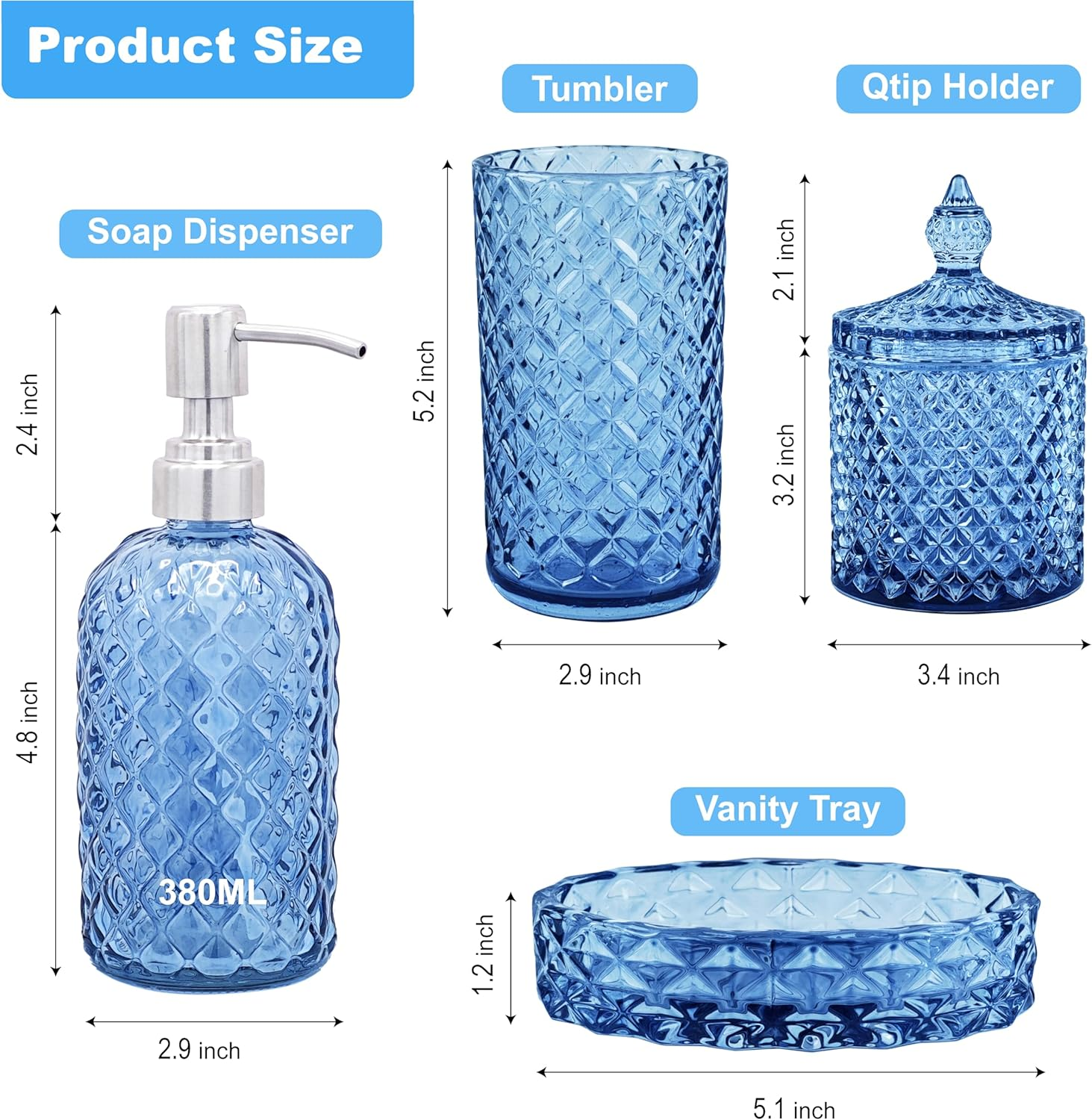 Lamarriti Blue Bathroom Accessories Set, 4Pcs Clear Glass Bathroom Accessory Set Complete, Lotion Soap Dispenser, Toothbrush Holder Set, Soap Dish, Qtip Holder for Modern Bath Decor, Light Blue