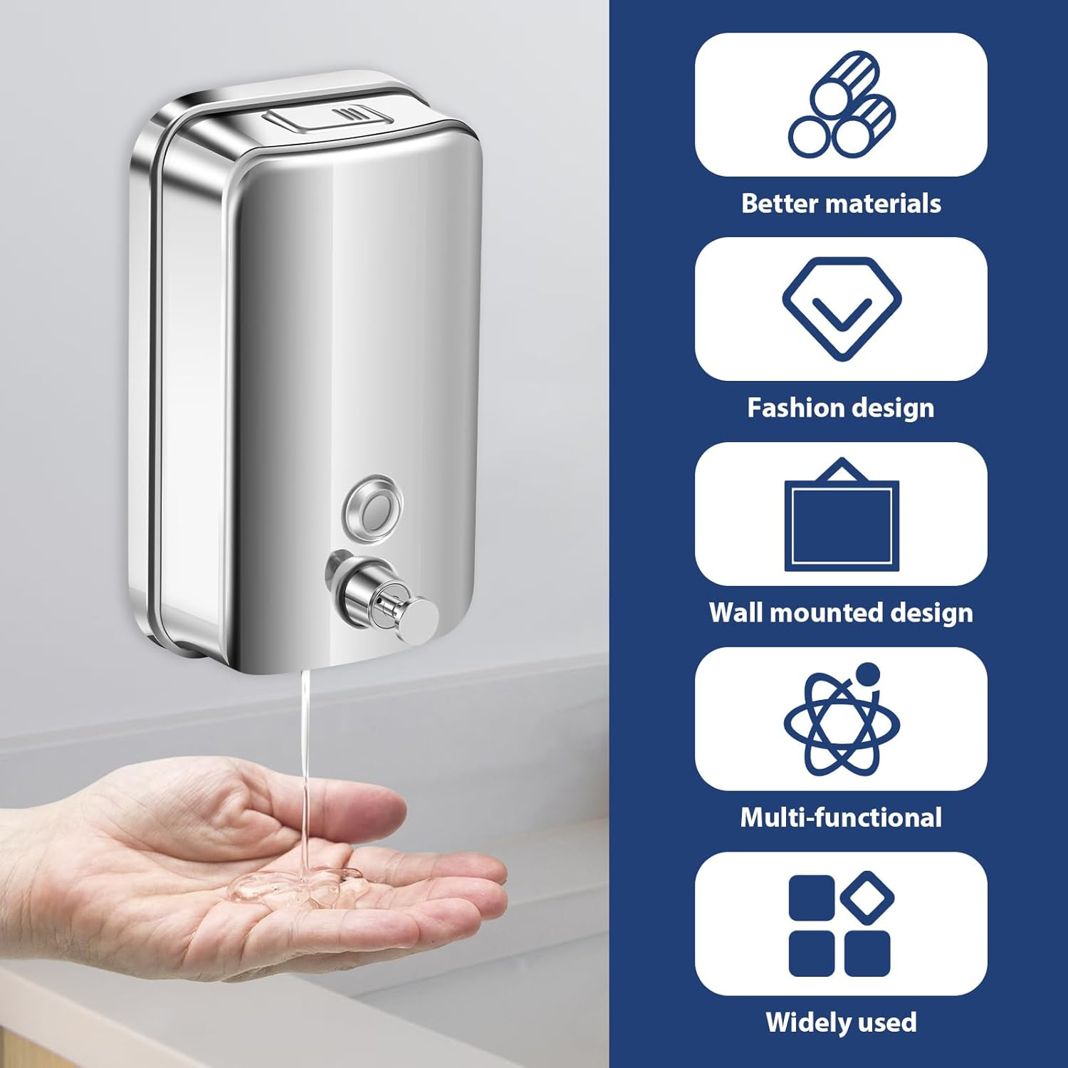 Commercial Soap Dispenser Wall Mount, Stainless Steel Manual Pump Liquid Rust-Proof Leak Free, 33.8Oz/1000Ml, Hand Sanitizer Dispenser for Hotels Restaurants Bathroom and Home image number 4