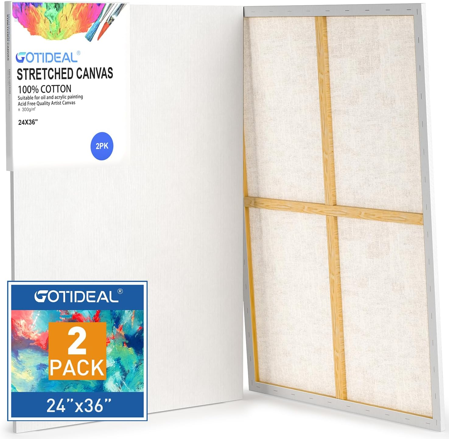 GOTIDEAL Stretched Canvases for Painting, 24X36" Inch Set of 2, Primed White - 100% Cotton Blank Art Large Canvas Boards for Painting for Acrylic Pouring, Oil Paint Dry & Wet Art Media image number 6