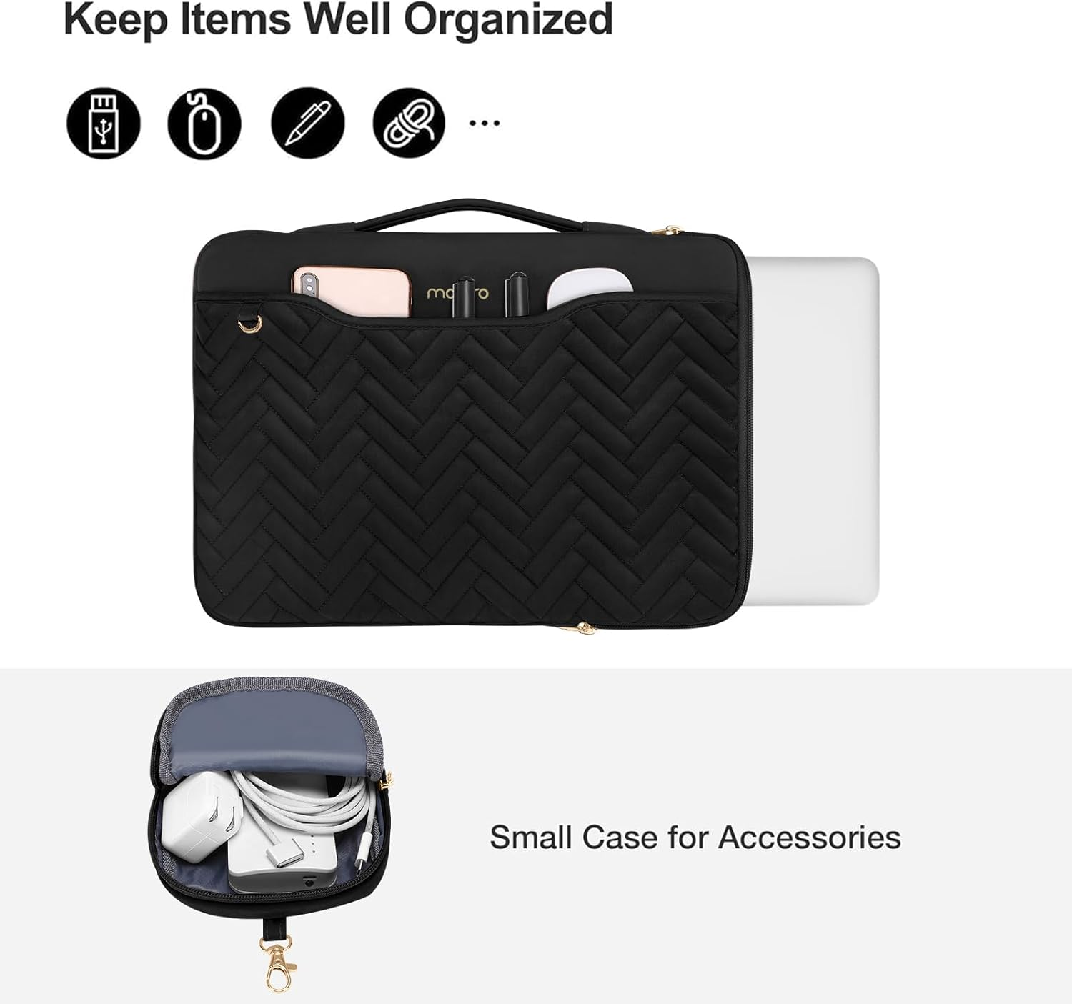 MOSISO 13-14 Inch 360 Protective Laptop Sleeve Compatible with Macbook Air/Pro, 13-13.3 Inch Notebook, Compatible with Macbook Pro 14, Rectangle Quilted Bag with Handle&Pocket&Small Case, Black image number 5