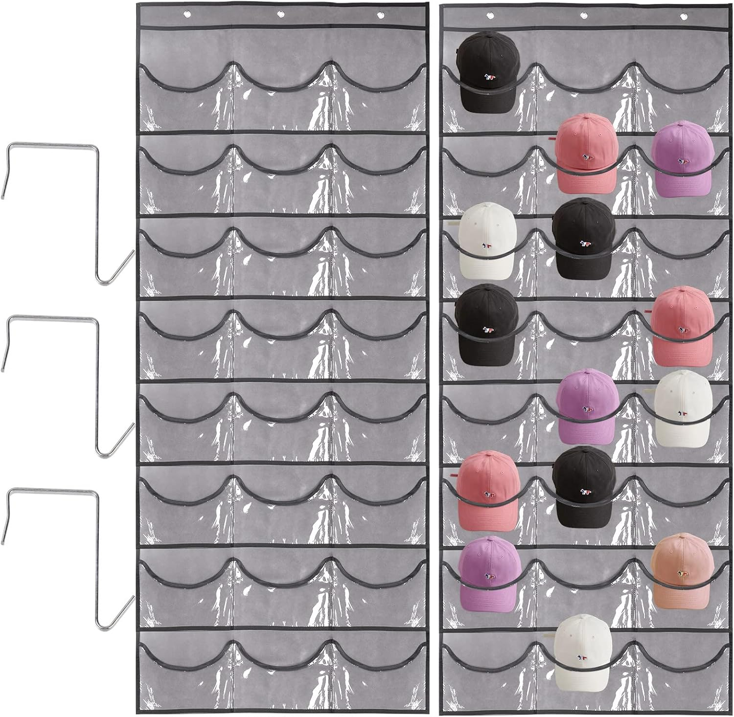 Tanstic 4-Pcs Gray Hat Rack with 24 Pockets and Hooks, Baseball Cap Organizer over the Door Cap Holder Stand Hanger for Home Closet Store Display image number 2