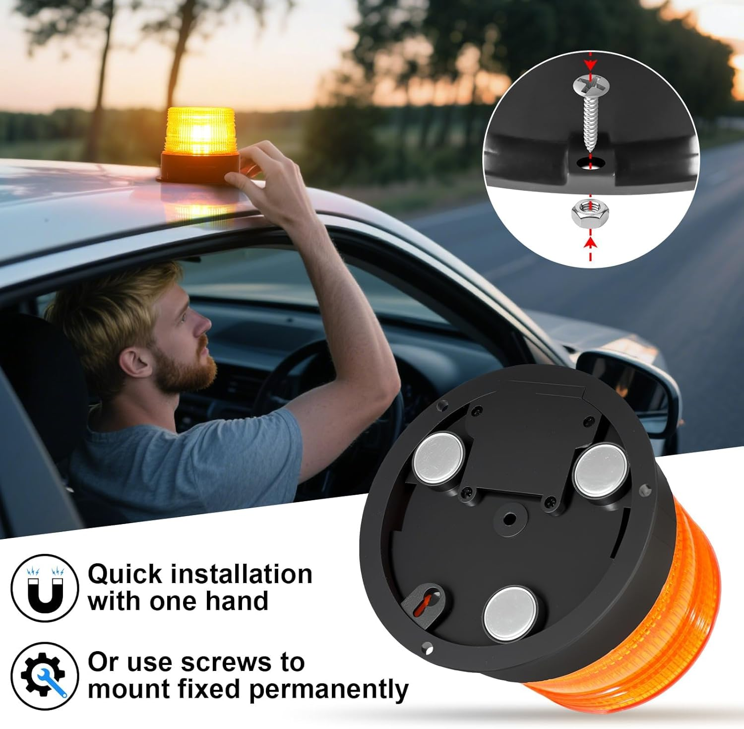 Magnetic Amber Flashing Beacon Light, 12V-24V Wireless & Rechargeable LED Warning Light for Roadside Safety, Trucks, Cars, Golf Carts, Snow Plows image number 3