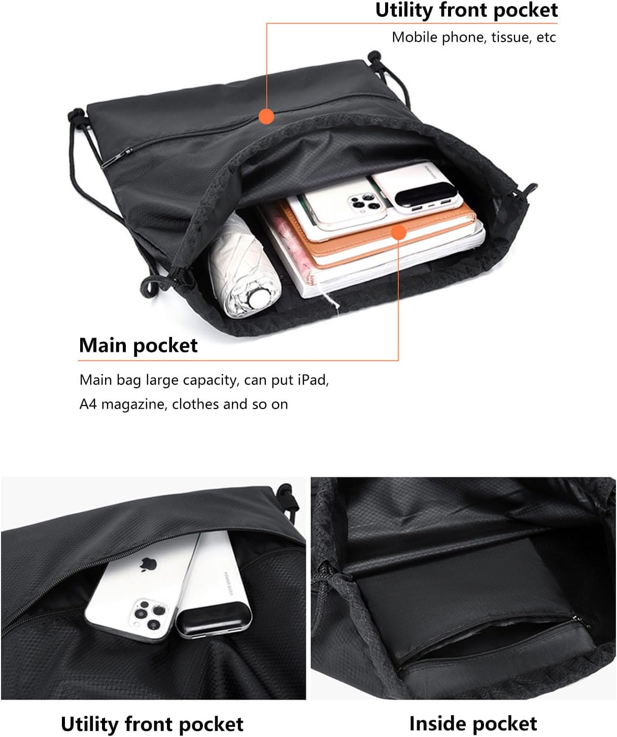 Drawstring Backpack String Bag，Water Resistant Gym Drawstring Bag for Men Sports Sackpack，Women and Children，Backpack for Sport, PE, Swim, Beach, Yoga, Travel image number 2