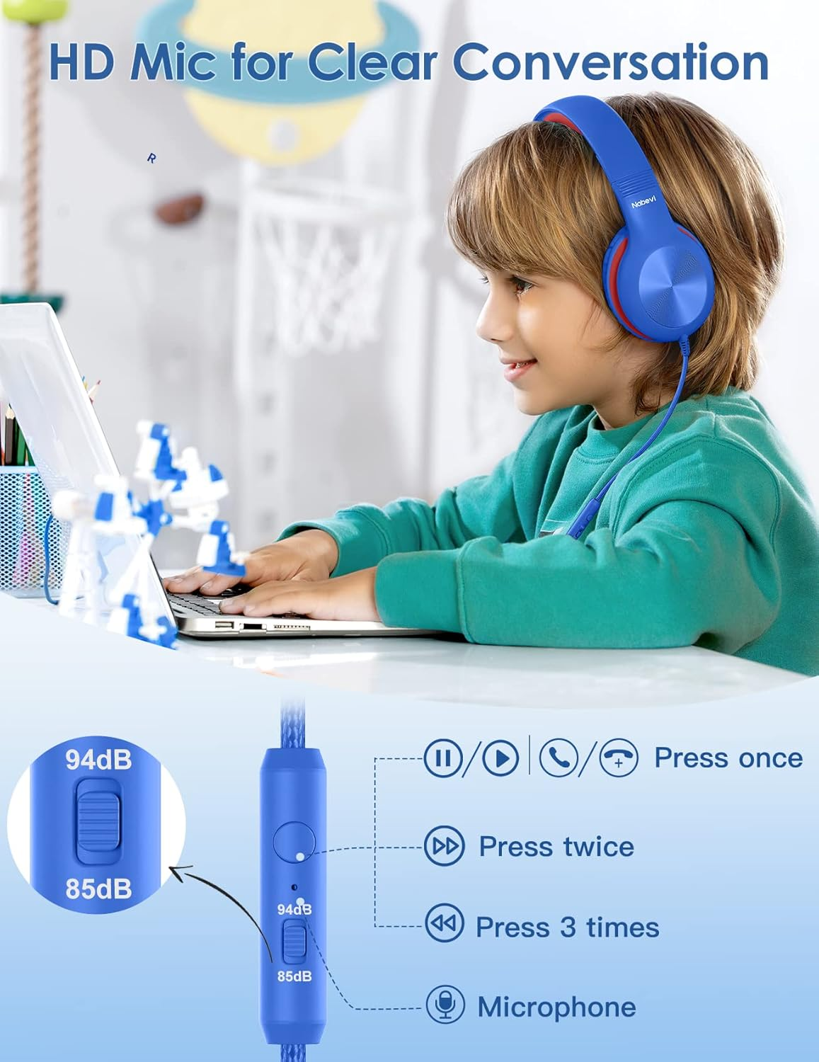 Headphones for Kids for School, Kids Headphones with Microphone, Sharing Function, 85Db/94Db Safe Volume Limit, HD Sound, over Ear Kids Headphones for School, On-Line Study, Travel [Glaze Blue] image number 4