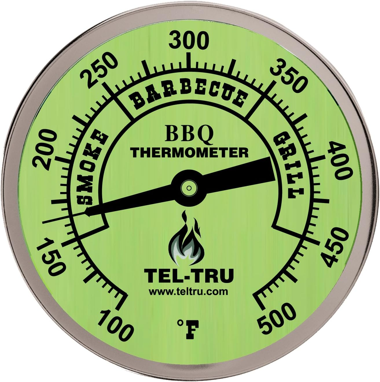 Tel-Tru BQ300 Barbecue Thermometer, 7.6Cm Glow Dial with Zones, 10.2Cm Stem, 100/500 Degrees F