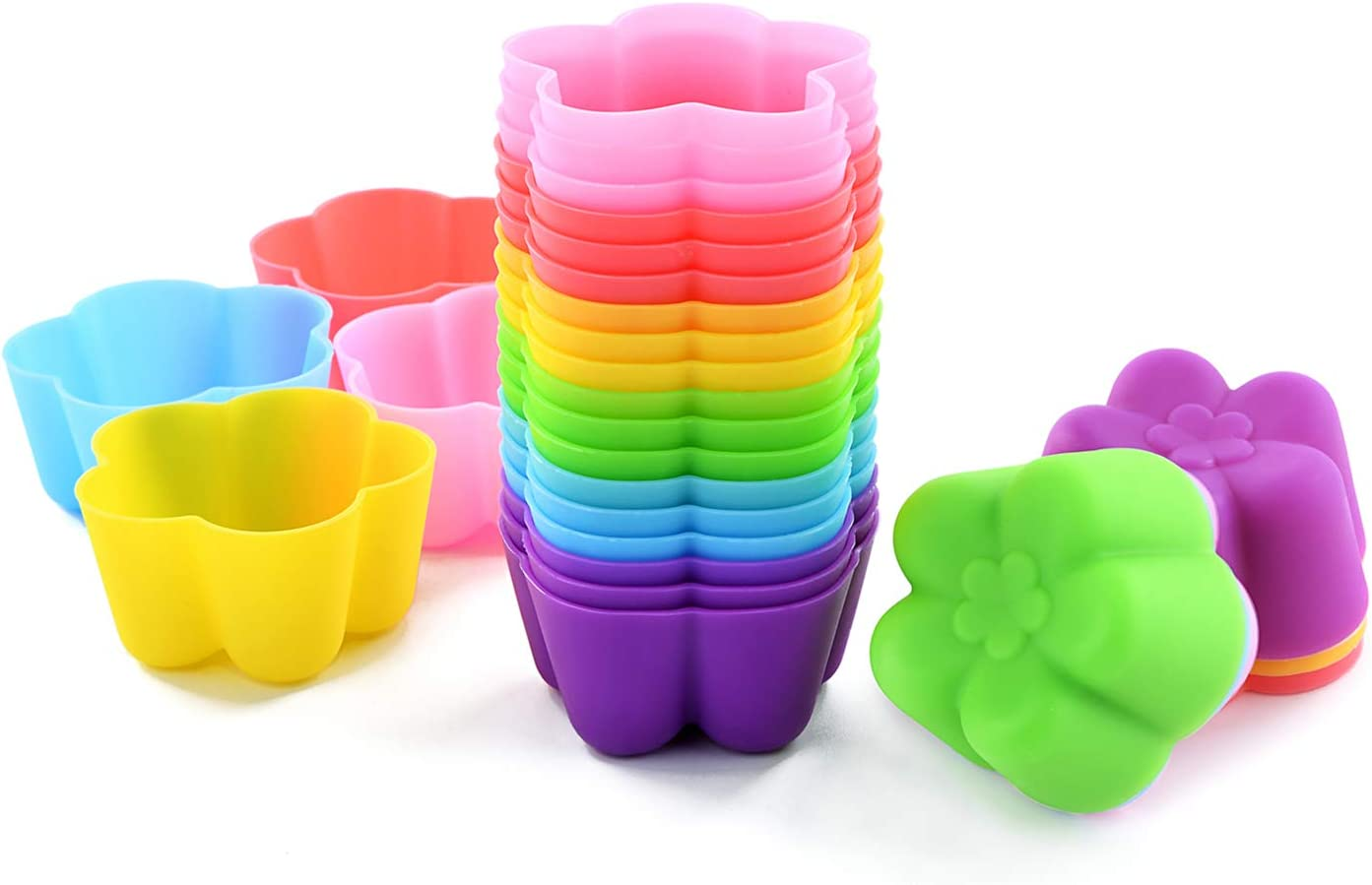 Reusable Non-Stick Silicone Baking Cups - Mini Cupcake Liners, Muffin Cups, Chocolate Holders, Truffle Cups - 24 Pack, 6 Vibrant Colors, Flower Shape image number 6
