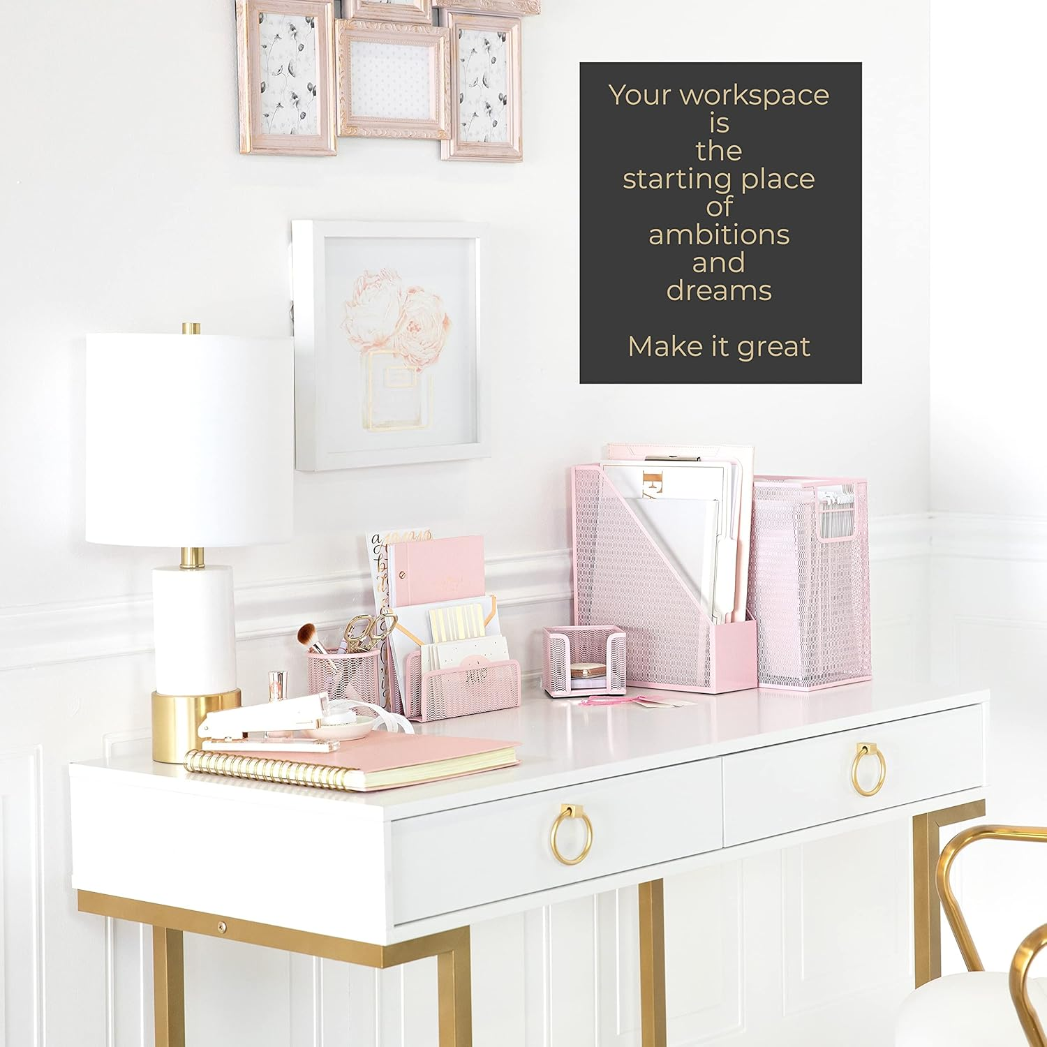 Blu Monaco 5 Piece Pink Office Supplies Desk Organizer Set - with Desktop Hanging File Organizer, Magazine Holder, Pen Cup, Sticky Note Holder, Letter Sorter - Pink Desk Accessories for Women Office image number 5