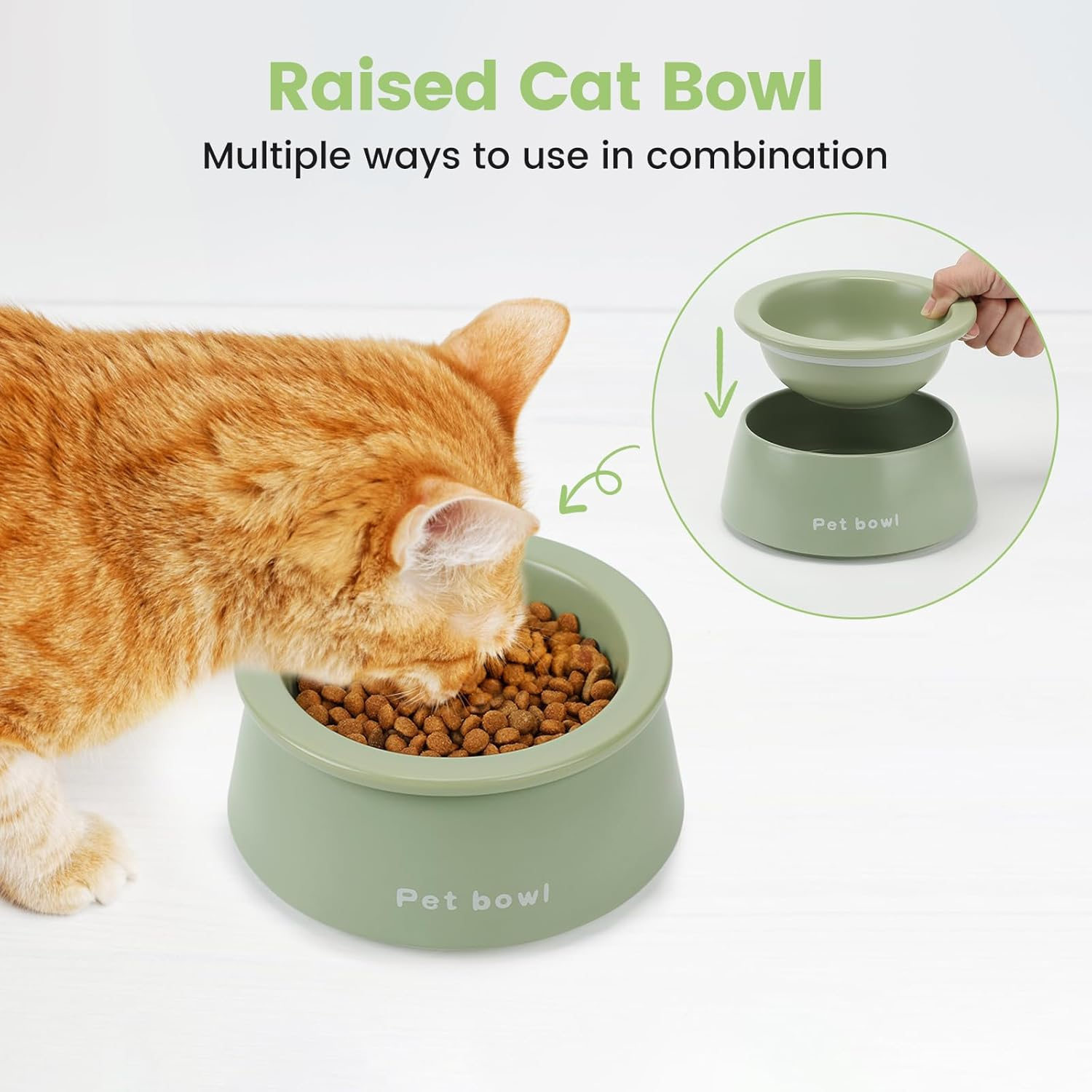 PETTOM Ceramic Cat Bowls, 3-In-1 Extra Wide Whisker Friendly Food and Water Set in Green for Easy Feeding, Cat Feeding Bowls anti Slip to Enhance Mealtime