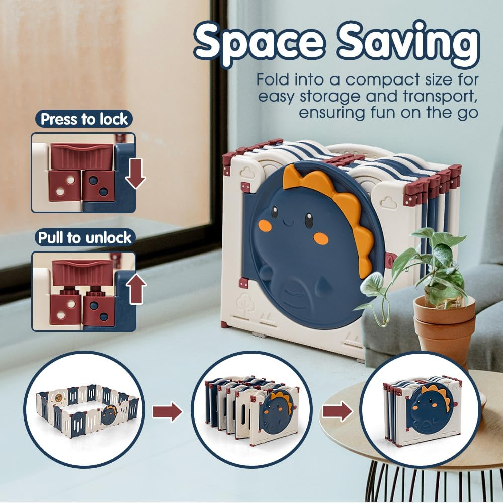 Playpals Foldable Baby Playpen, 20 Panels Baby Play Pen for Babies and Toddlers, Indoor Outdoor Kids Activity Centre, Safety Play Yard with Adjustable Shape for Toddlers(Blue + White) image number 6