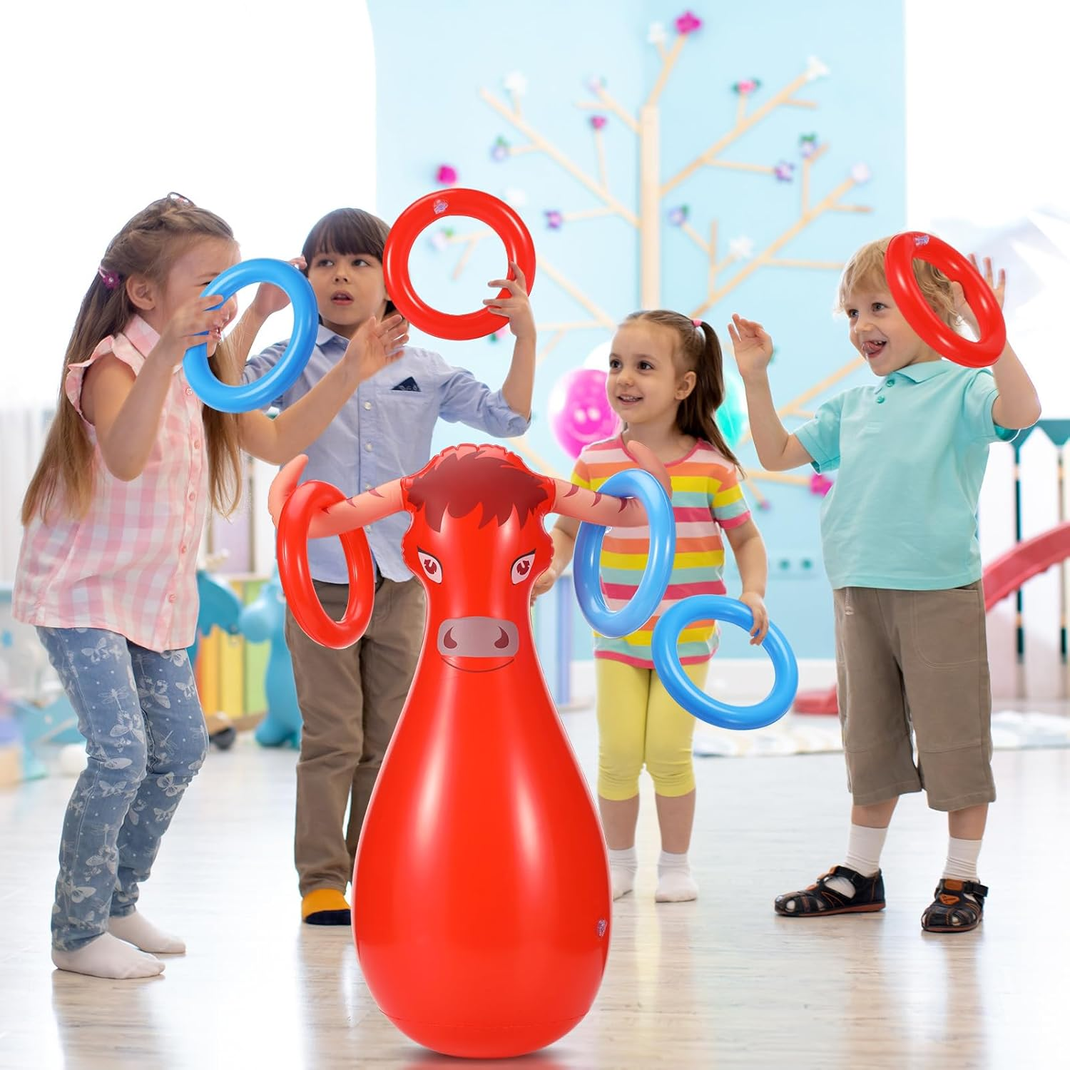 Arrowbash Inflatable Bull Ring Toss Game Set Include Inflatable Bull, Inflatable Rings for Kids Adults Fiesta Rodeo Cowboy Party Supplies Pool Beach Decoration image number 2