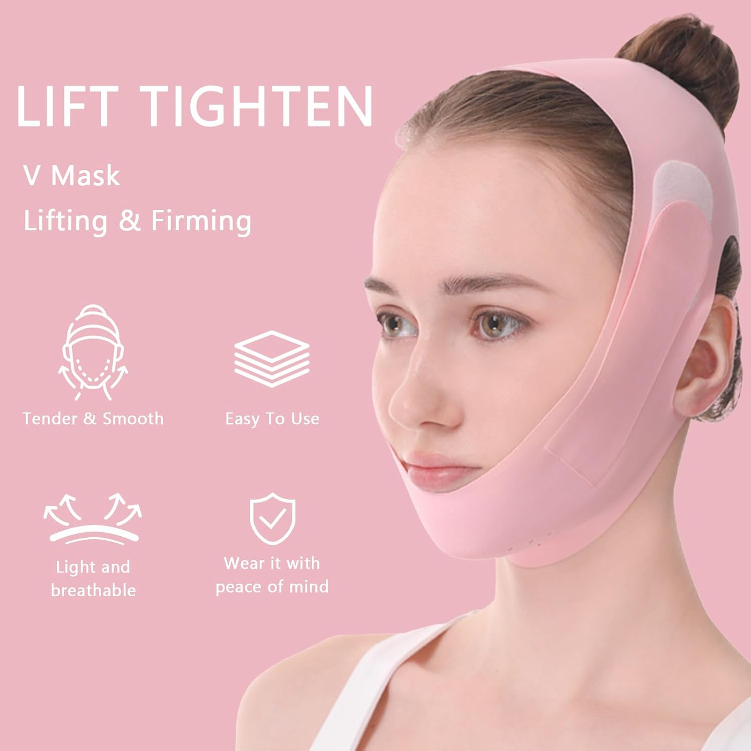 V Line Lifting Mask, Reusable Face Lifting Strap - Sleep Mask for V - Line Shaping, Double Chin and Sagging Shape and Tighten Face, Jaw Exerciser (Pink) - Green image number 7