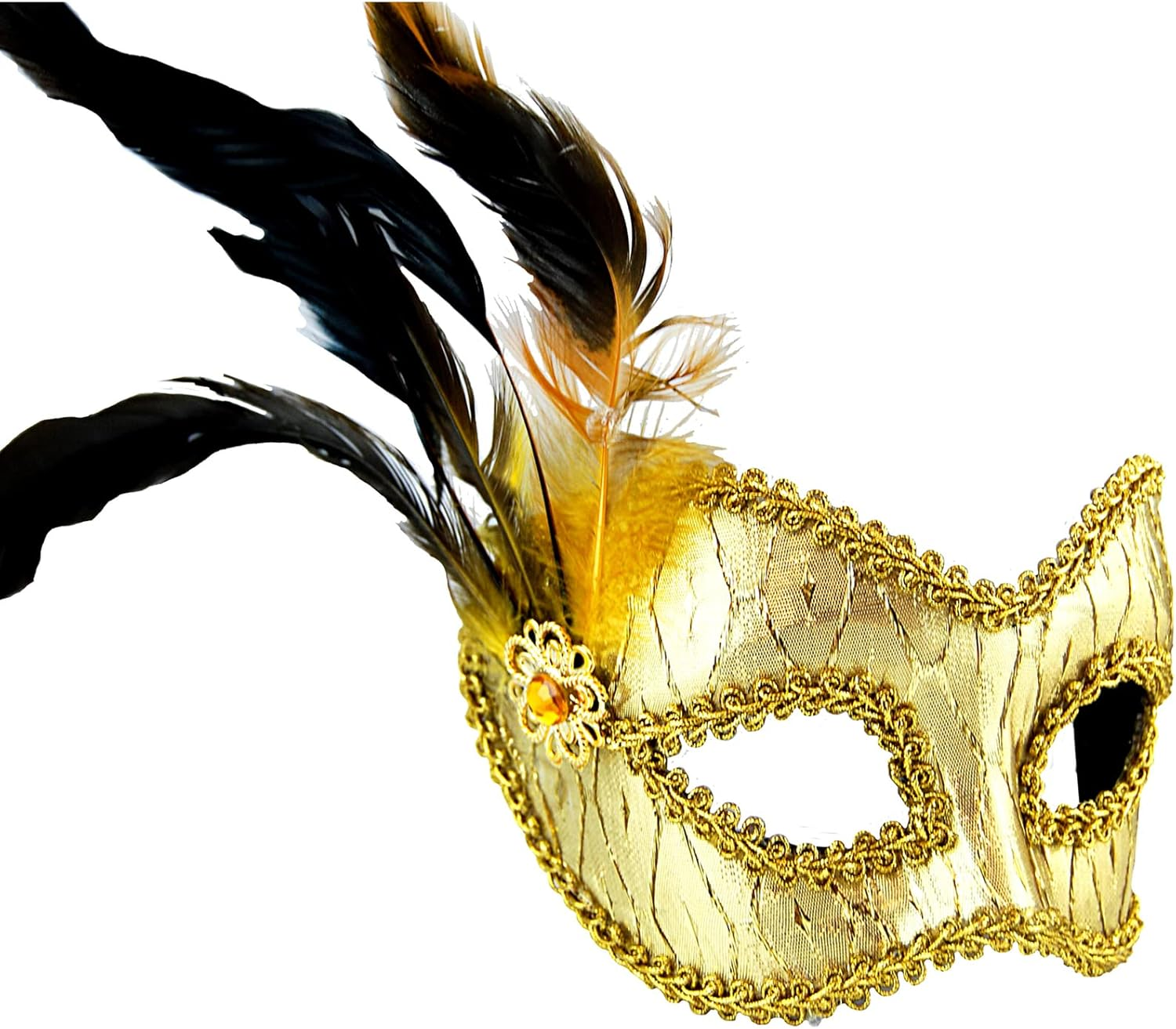 Sweidas Masquerade Mask with Feathers Gold with Side