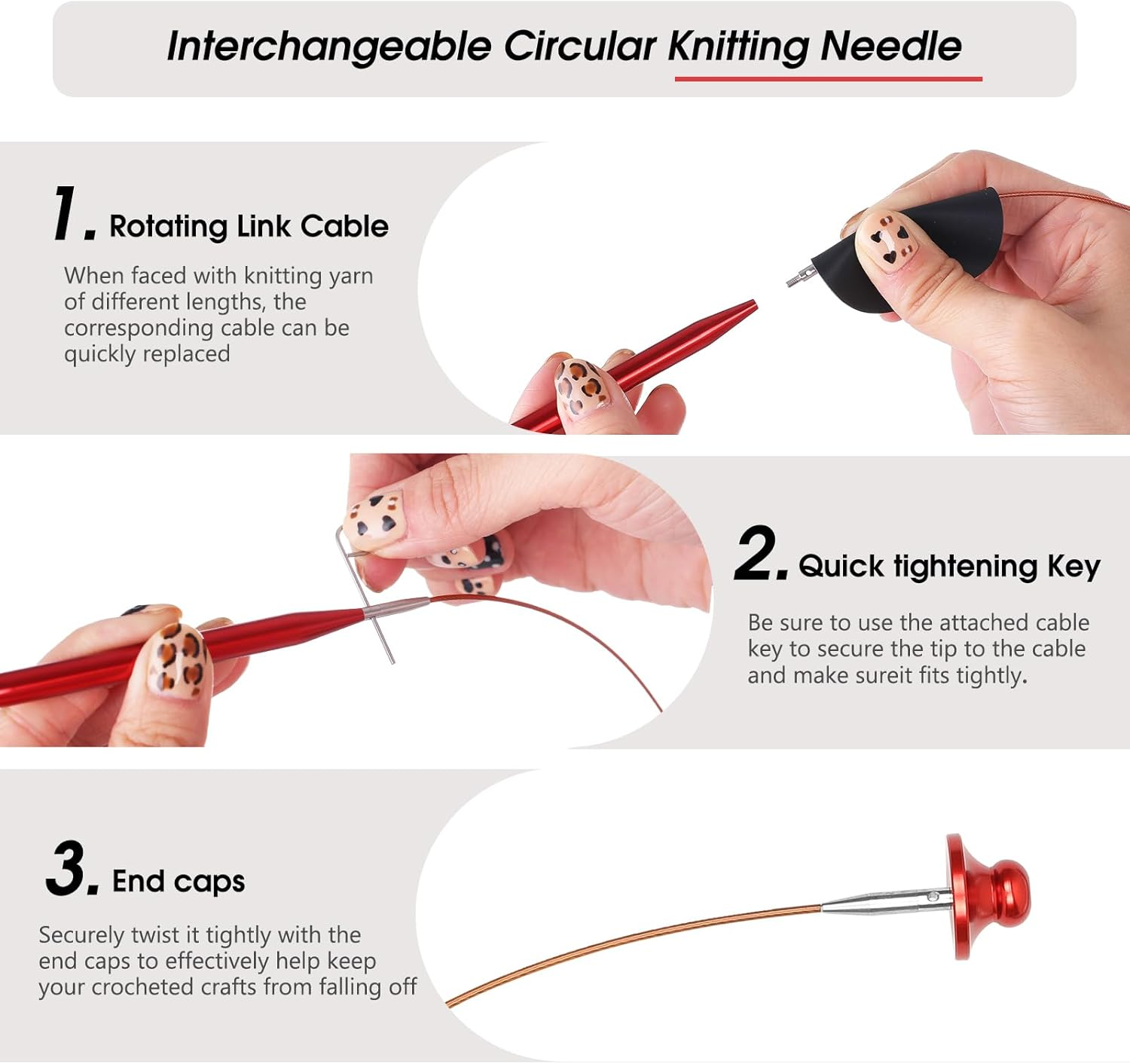 Interchangeable Circular Knitting Needles Set Sizes US 2.5, 3, 4, 5, 6, 7, 8, 9, 10, 10.75, 11, 13, 15 with Cables, Accessories and Case (Rose Red) image number 6