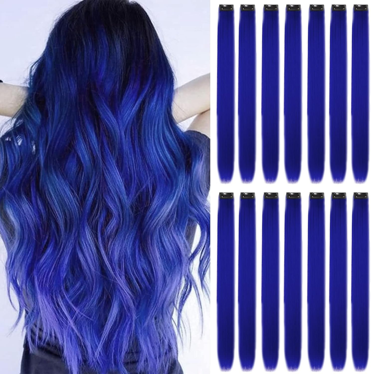 16 Coloured Clip-In Hair Extensions, 22 Inch Colourful Highlights Hairpieces Straight and Long Heat Resistant Synthetic Hair Accessories for Kids Girls Women Party Hair Accessories (16 Pieces-Blue)