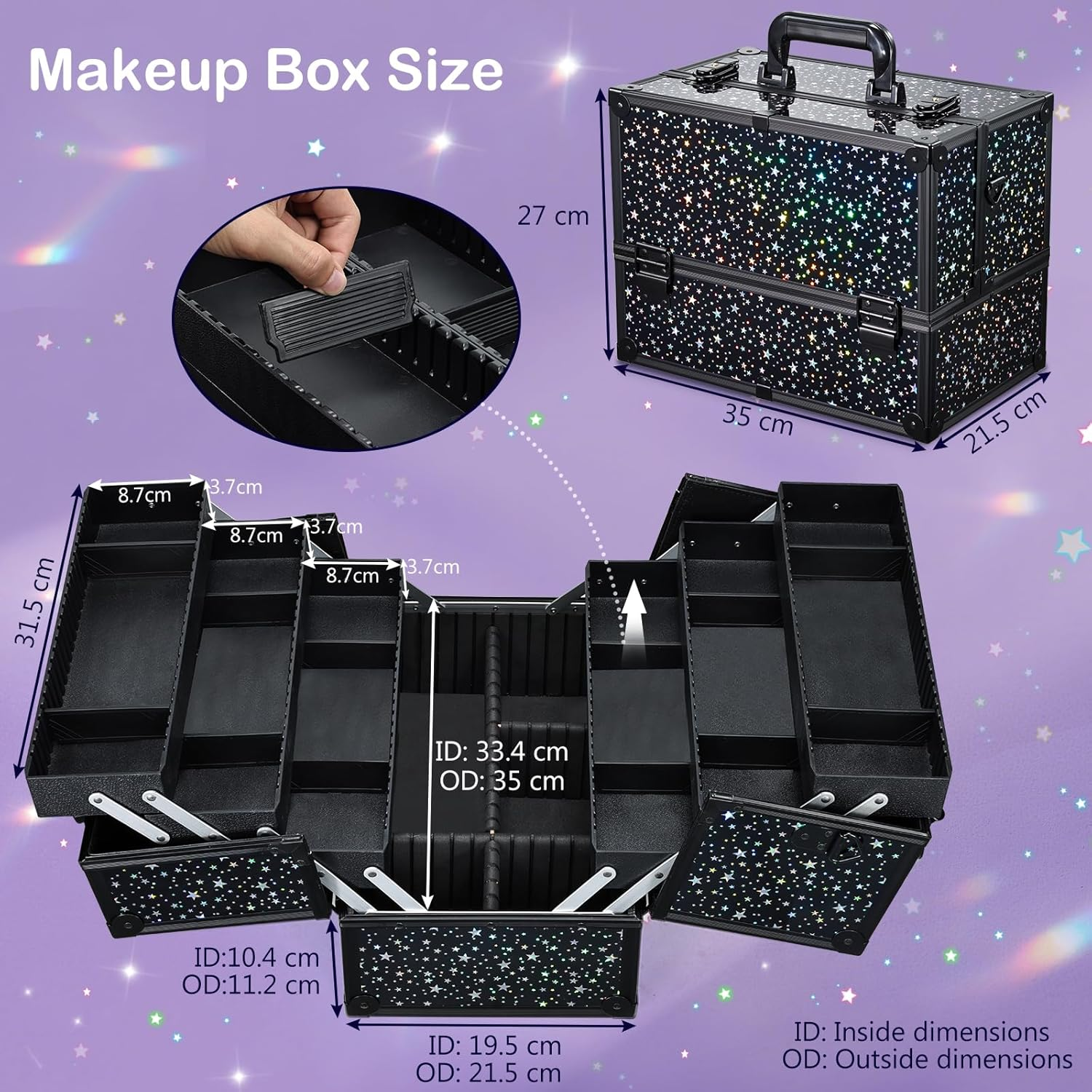 Joligrace Make up Organiser Nail Polish Jewellery Cosmetic Box Beauty Vanity Case Extra Large Space, Black Star, L image number 2
