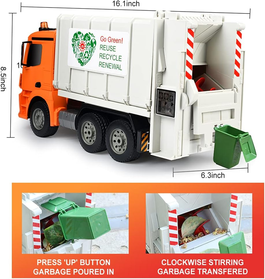 DOUBLE E Remote Control Garbage Truck 8 Channel Electric Stirring with Trash Bin Sounds Lights 2.4Ghz Sanitation Vehicles Toy image number 4