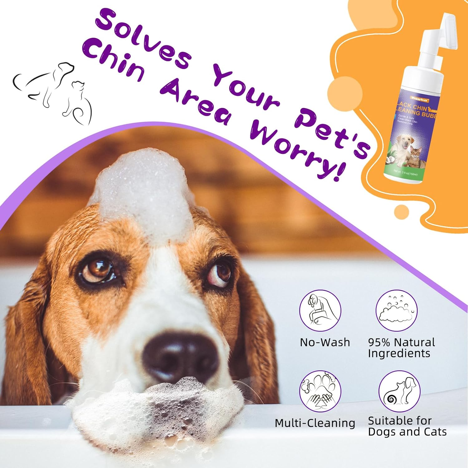 Cat Black Chin Acne Cleaner 5Oz (150 Ml), No-Rinse Pet Care Mousse with Soft Brush Head, Removes Blackheads & Degreases Tails, Pet Hair Health Shampoo - Dryness | Oil | Dirt