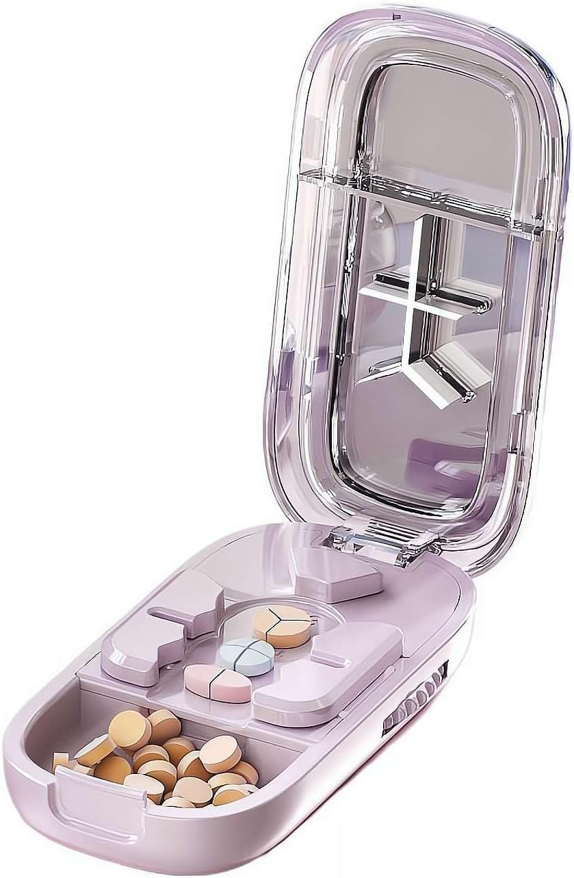 Emesak Portable Pill Cutter, Professional Pill Cutter for Small or Large Pills, Adjustable Pills Cutters Splitter Halves/Third/Quarters, with Stainless Steel Blades and Centering Guide Tablet (Pink)